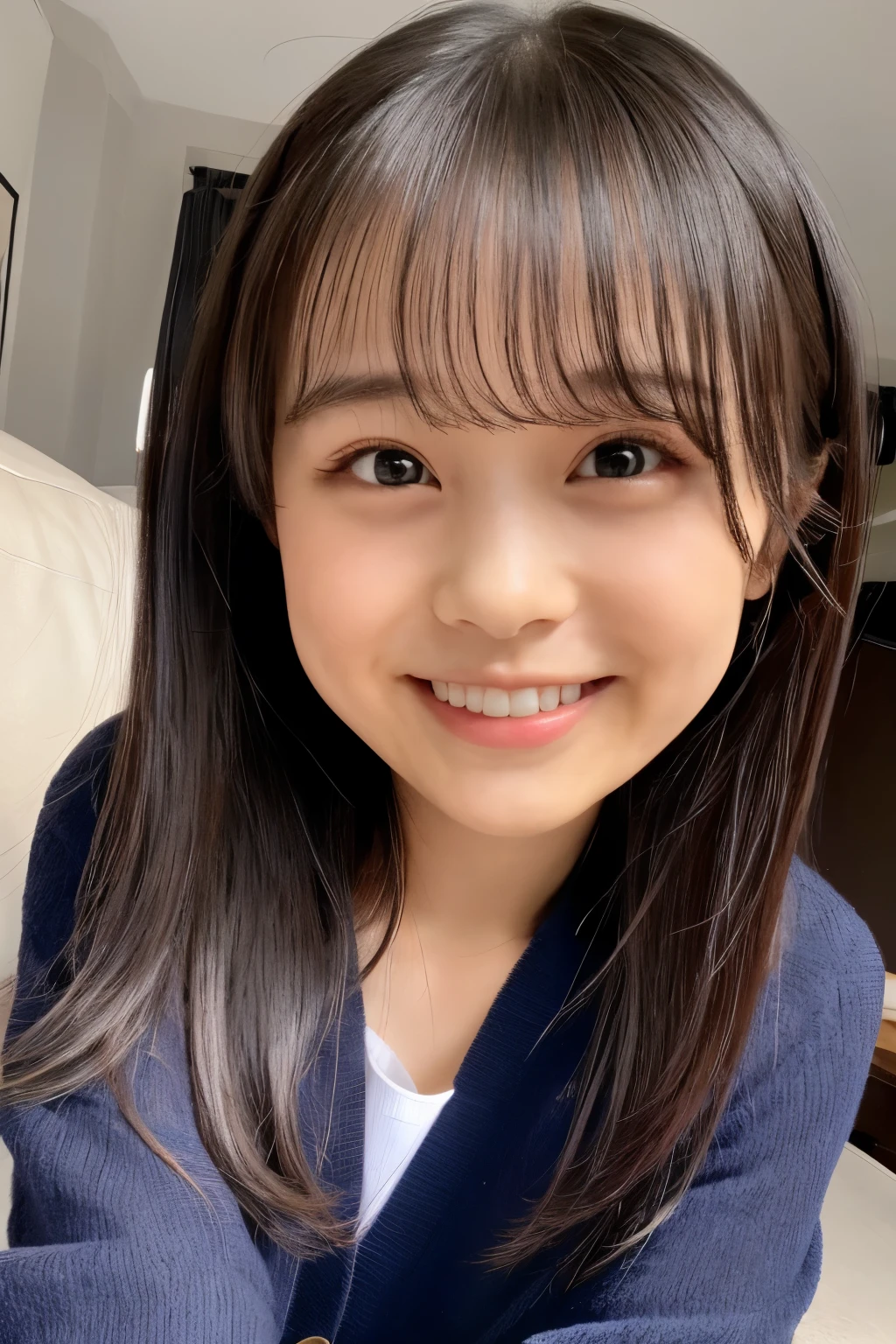 (8K、RAW photo、highest quality、masterpiece:1.2)、(realistic、Photoreal:1.37)、super detailed、high resolution、1 girl、see the beholder、beautiful and detailed face、laughter、narrow、Beautiful and smooth skin、skin texture、floating hair、professional lighting、human body as a whole、long hair、Japanese height 、sitting on the sofa、red ribbon、Smile、young smile、No makeup、dark blue cardigan