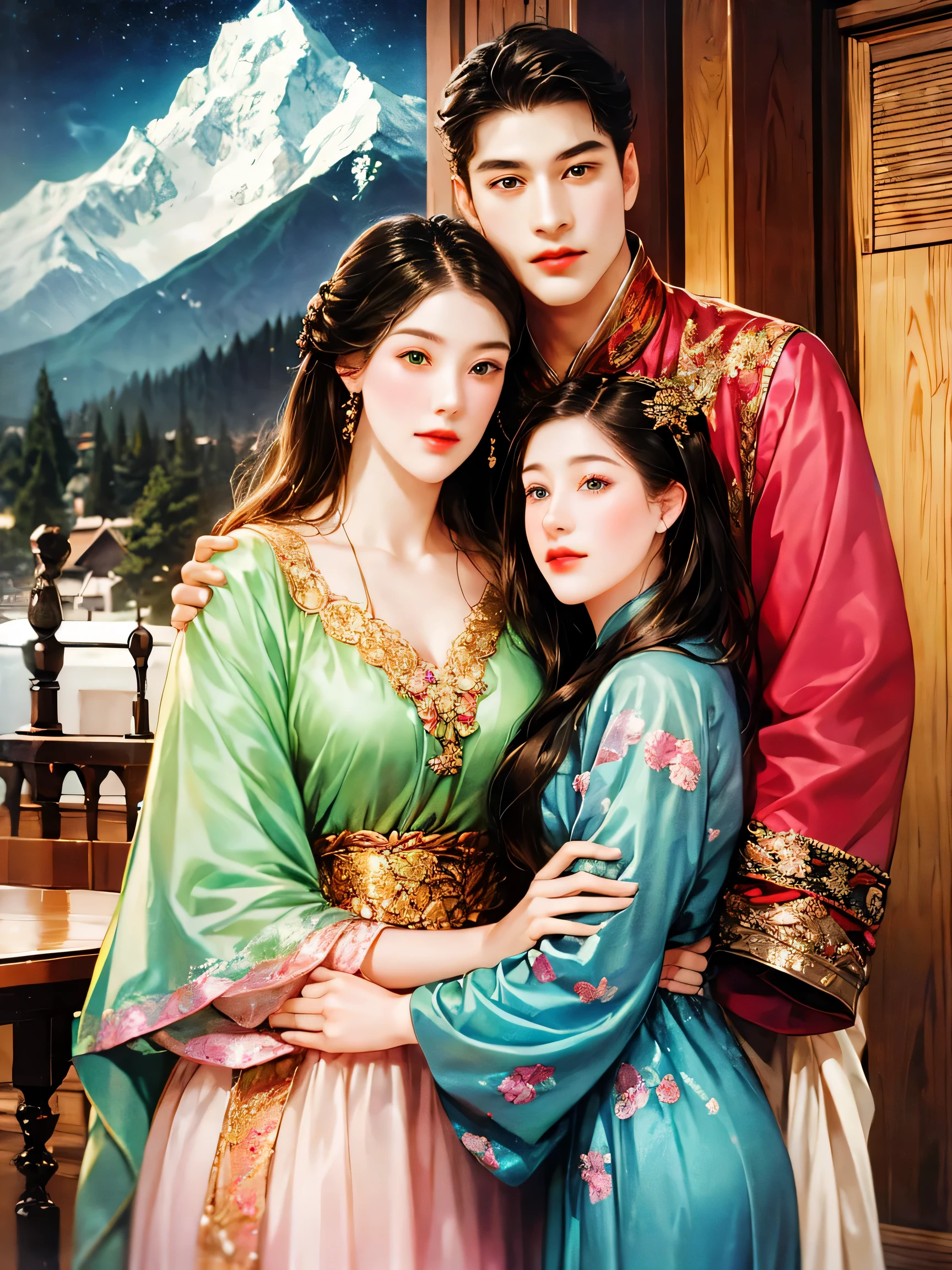 Couple, 1 girl 1 boy, different hair color, long blonde wavy hair no bangs and grey eyes, pink sundress, short black hair and (green eyes). Black shirt open and jeans, height different, detailed eyes, looking the viewer. They hug. Background mountain chalet at night