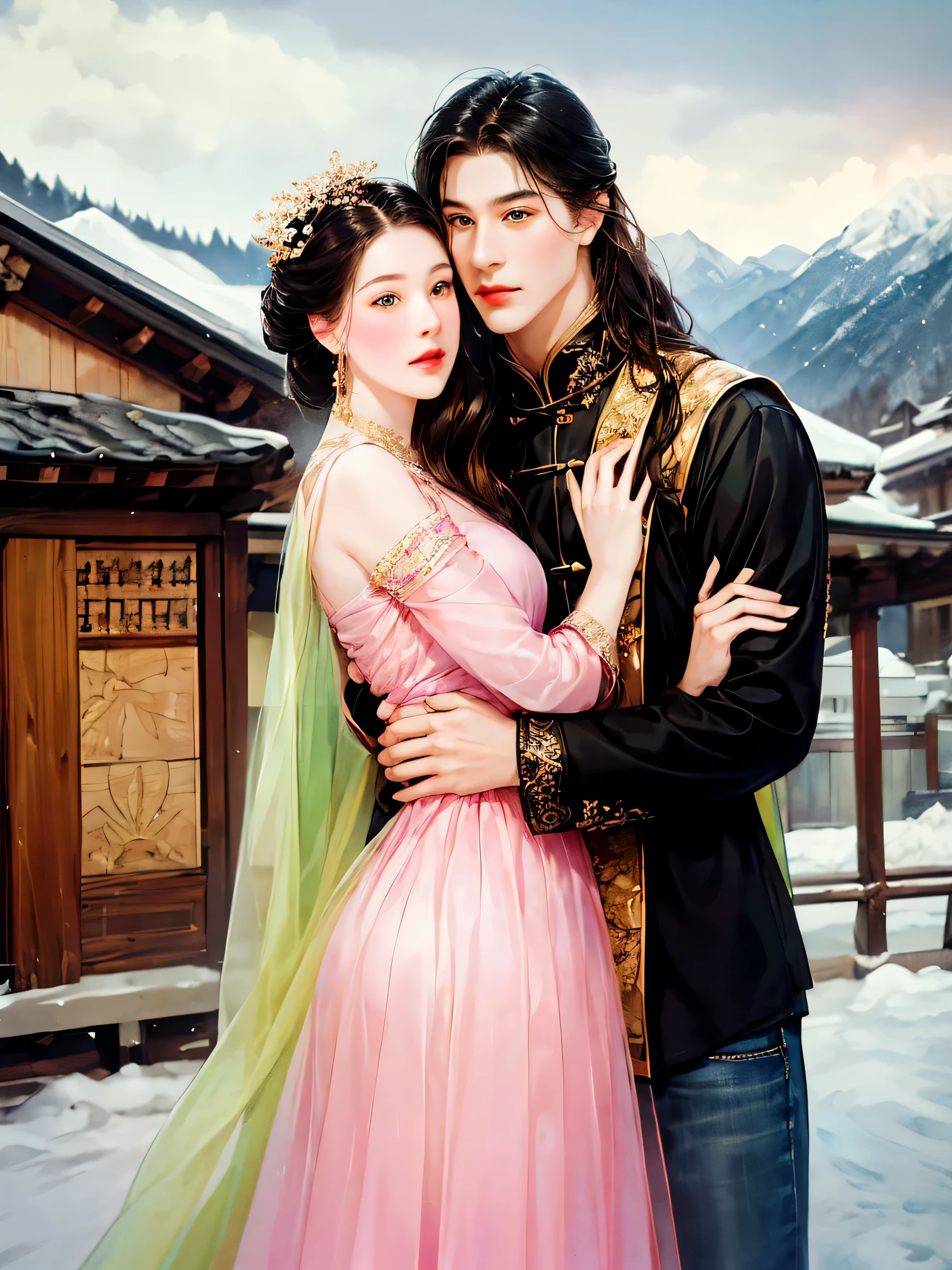Couple, 1 girl 1 boy, different hair color, long blonde wavy hair no bangs and grey eyes, pink sundress, short black hair and (green eyes). Black shirt open and jeans, height different, detailed eyes, looking the viewer. They hug. Background mountain chalet at night