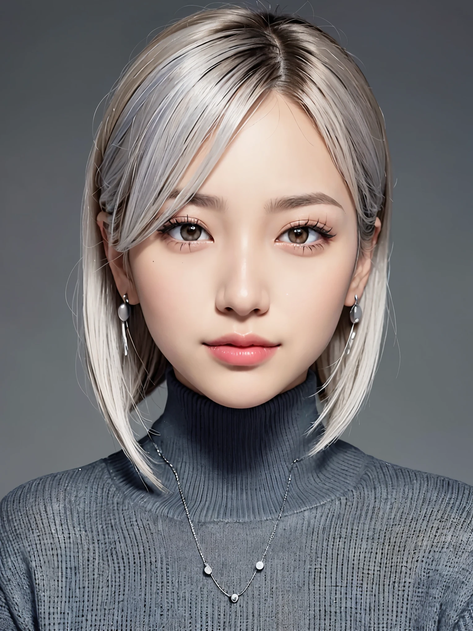  bob cut from the front,   silver-haired,  knitted sweater, (( your own chest from a horizontal oblique angle)),  upper body