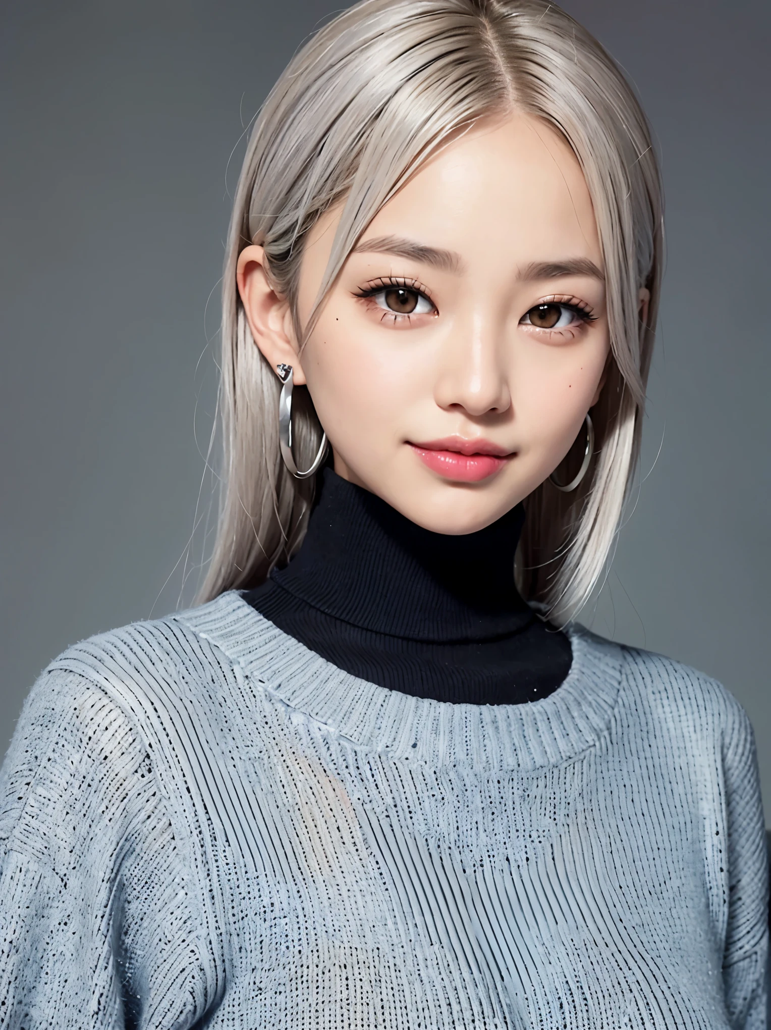 Realistic, masterpiece, highest quality, highest resolution, A portrait depicting only the upper body of a Japanese woman, He looks happy and smiles with his mouth slightly open., slightly turned to the side, definitely looking at the audience, beautiful detailed eyes, black eyes, thin eyebrows, Carefully draw eyelashes, natural makeup, brown eyeliner, light orange cheek, light colored lipstick, middle hair, Silver hair with blue tips, detailed face, Simple design black turtleneck sweater, simple design silver earrings, Silver necklace with a tiny crescent moon charm