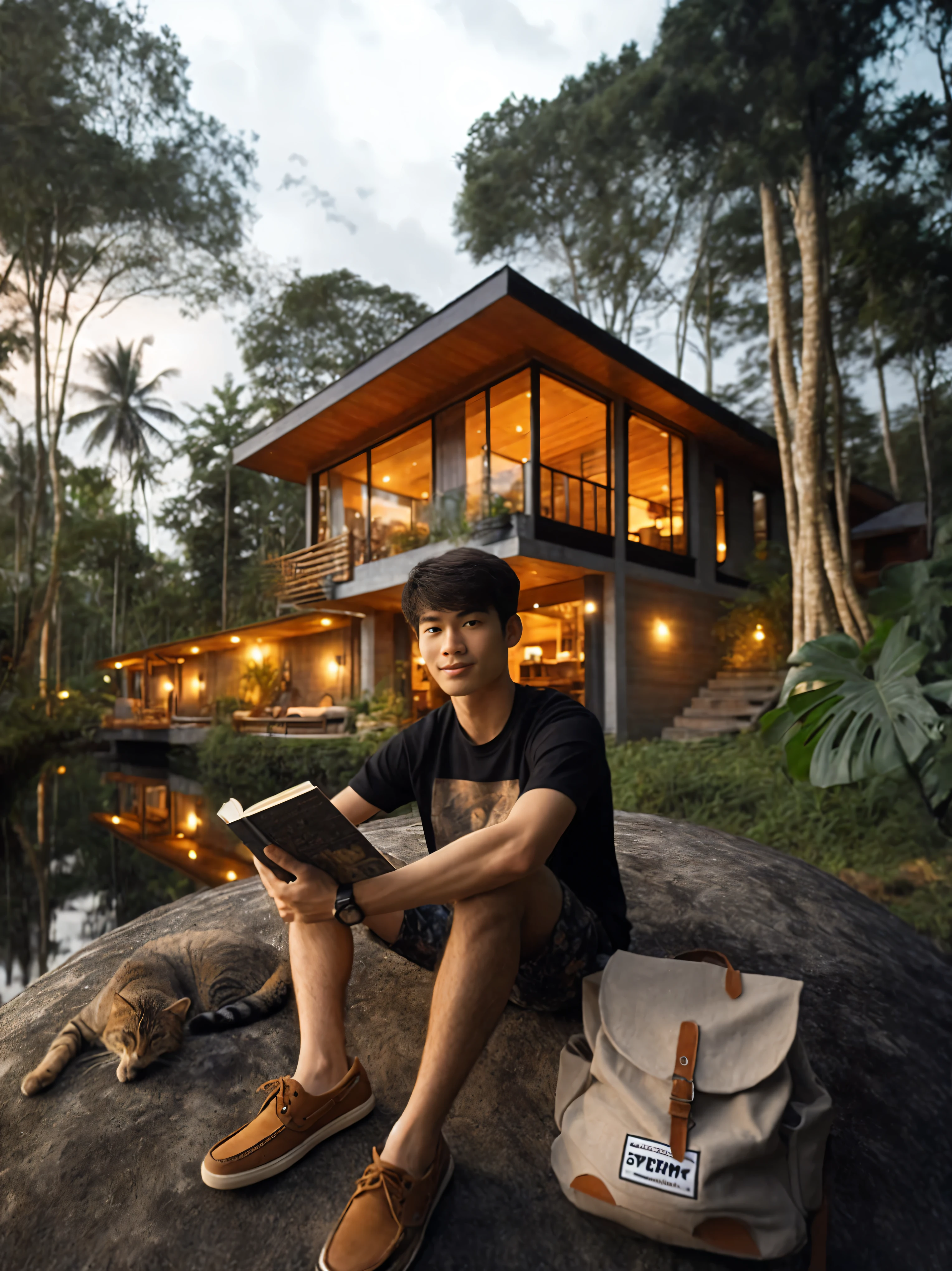 arafed man sitting on a rock reading a book in front of a house, mid shot portrait, medium shot portrait, inspired by Adam Dario Keel, medium portrait, fanart, portrait shot, ✨🕌🌙, by Byron Galvez, stood outside a wooden cabin, by Galen Dara, lookbook, by Aneurin Jones, by Basuki Abdullah