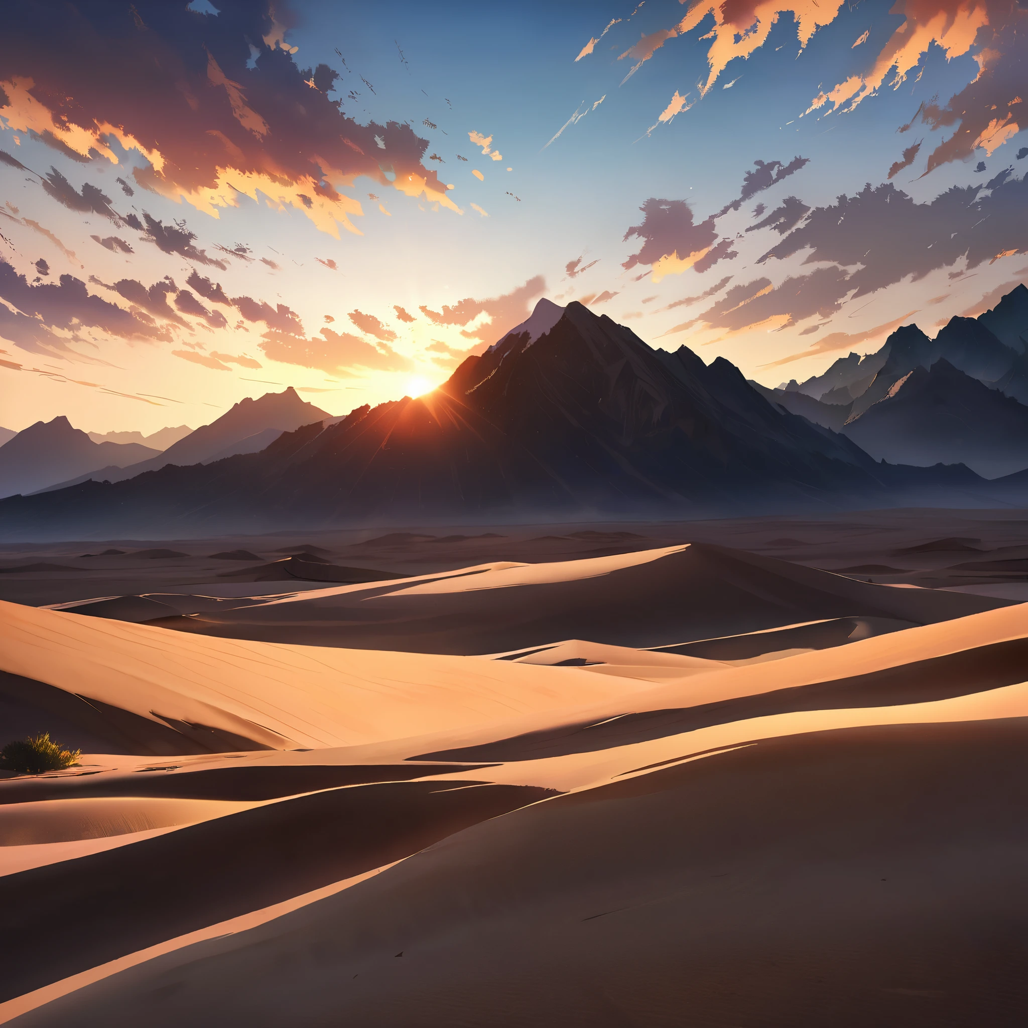 A wide-angle shot of a majestic desert landscape under a clear sky, featuring rugged mountains in the distance and a setting sun, creating a serene and vast atmosphere. The sandy desert terrain is highlighted by the warm sunlight, with scattered clouds adding drama to the scene. The scene is beautifully tranquil with a sense of grandeur.