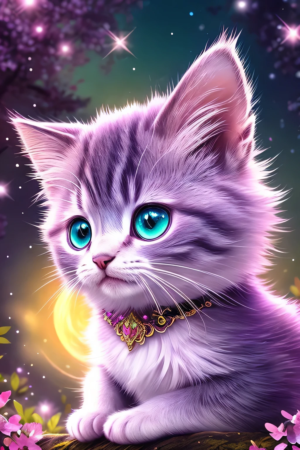 side view, oversaturate, colorfully, Fairytale, dreamlike, Cinematic character render, oil painting, 3D, 8k resolution, sequins, glitter, sakura forest, moonlight, Close up Portrait adorable chibi kawaii anthropomorphic kitten king, Detailed eyes, large round reflective eyes,