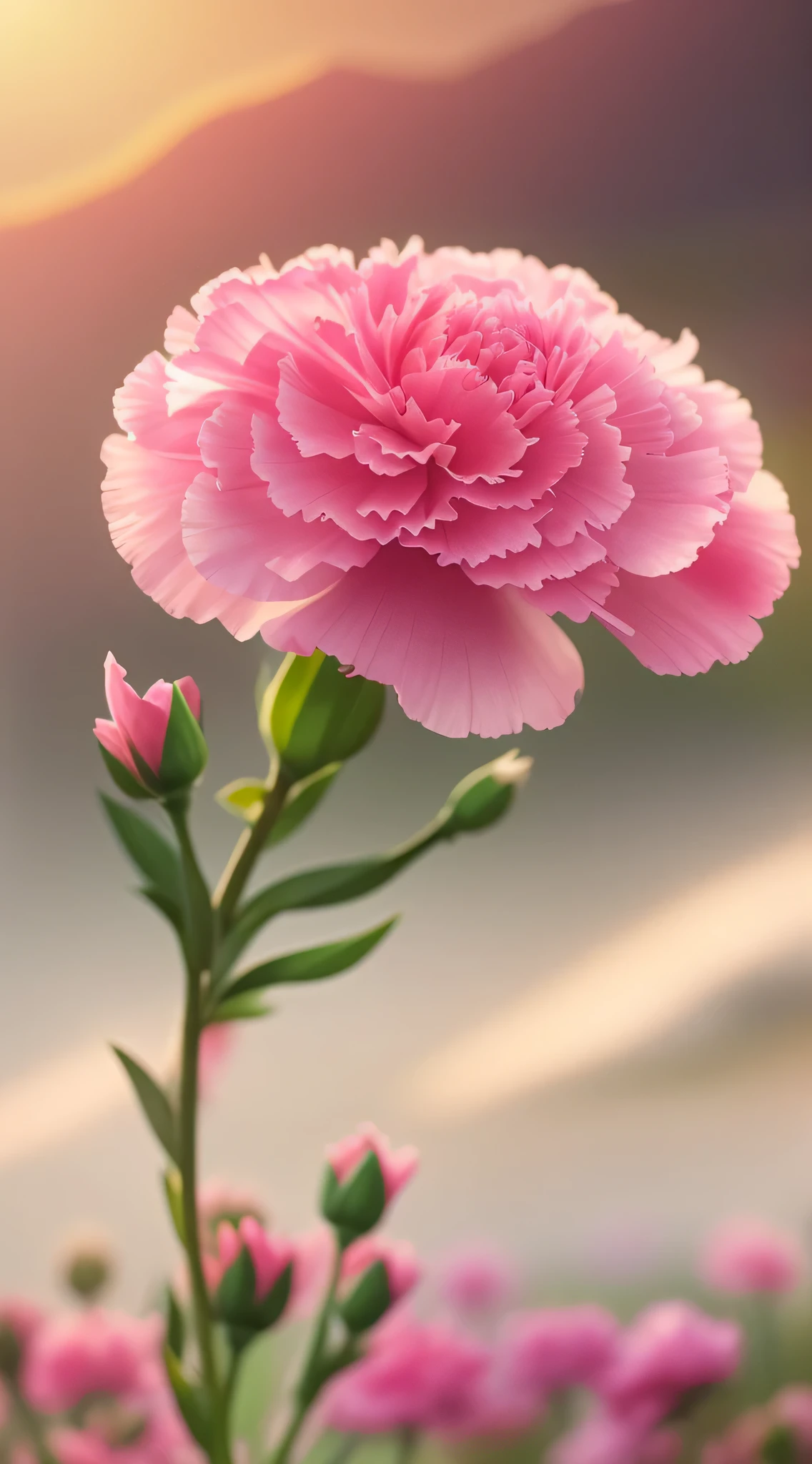 a carnation，a carnation全景特写，The flowers bloom very beautifully，Swinging in the wind HD quality，imagine，sunset background
