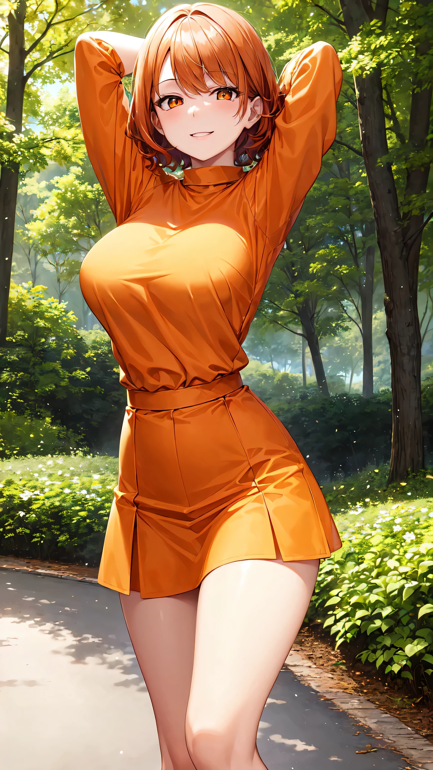 Meisterwerk, atemberaubend realistisch, Best quality, Sharpness,1 girl,orange lockiges mittleres kurzes Haar ,orangefarbene Augen,enges Langarmshirt ,Rock,Arme hinter dem Kopf,in einem Wald stehend,,medium large breasts,sweet smile,Half body