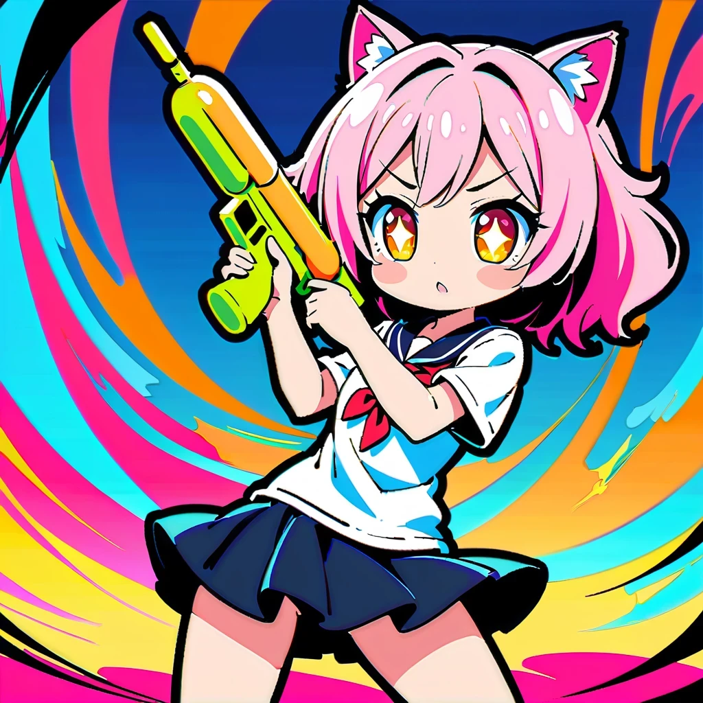 Adorable anime girl inspired by Anya Forger, with cat ears, long pink hair, holding a green water gun, dressed in a black mini skirt, striking a cute pose, detailed facial features, sparkling eyes, set against a vibrant and colorful backdrop, rendered in high resolution and high contrast with vivid colors, in the style of dynamic digital painting, achieving high-definition clarity, reminiscent of comic strips.
