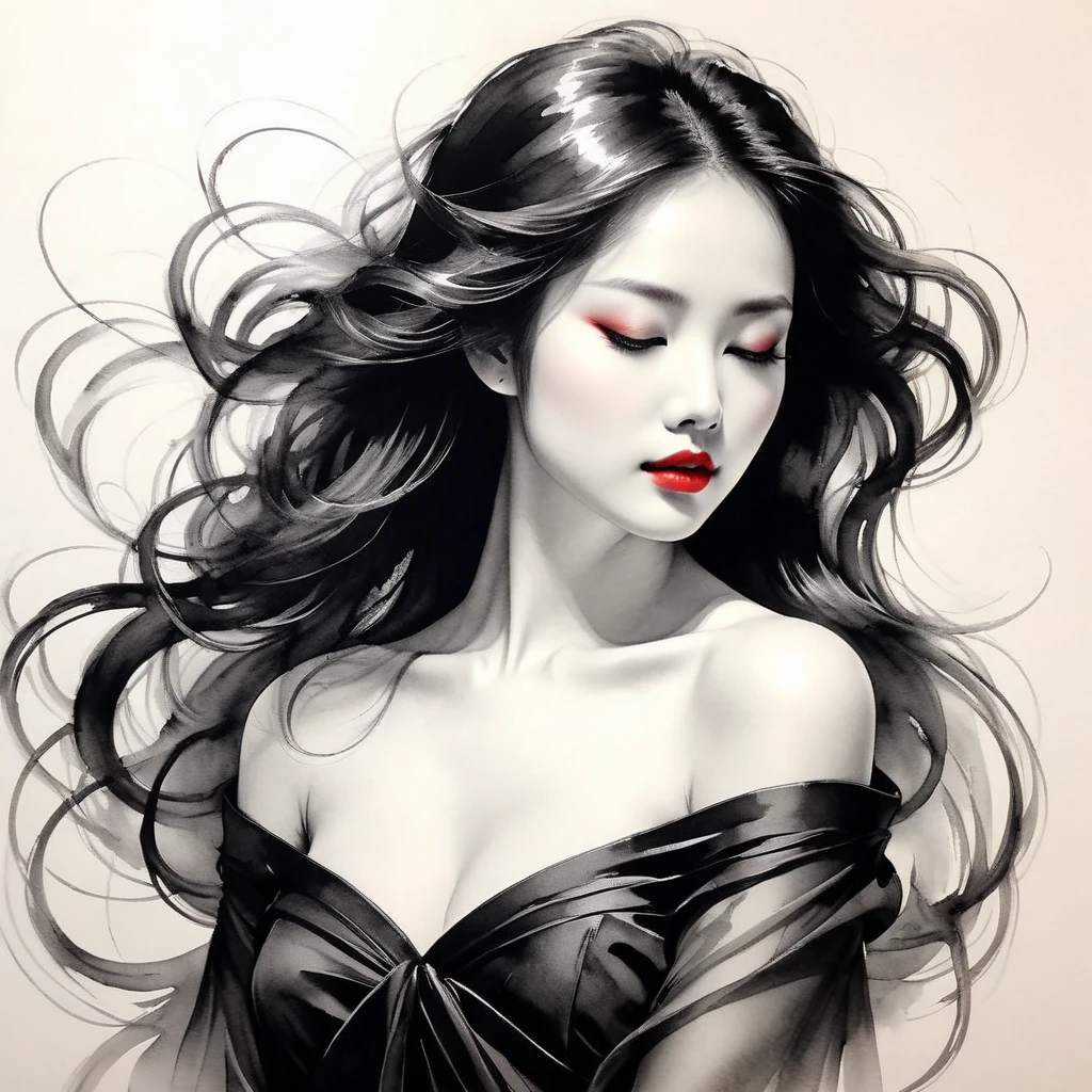 Elegant maiden,black and white水墨画,pen sketch drawing,Loose brushstrokes,Pen outlines delicate lines,flowing action,Subtle ink tones,elegant posture,A peaceful expression,Delicate facial features,black and white,clean, little red color.