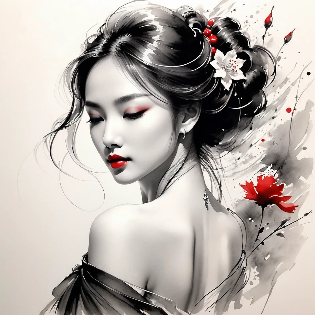 Elegant maiden，black and white水墨画，pen sketch drawing，Loose brushstrokes，Pen outlines delicate lines，flowing action，Subtle ink tones，elegant posture，A peaceful expression，Delicate facial features，black and white，clean, little red color.