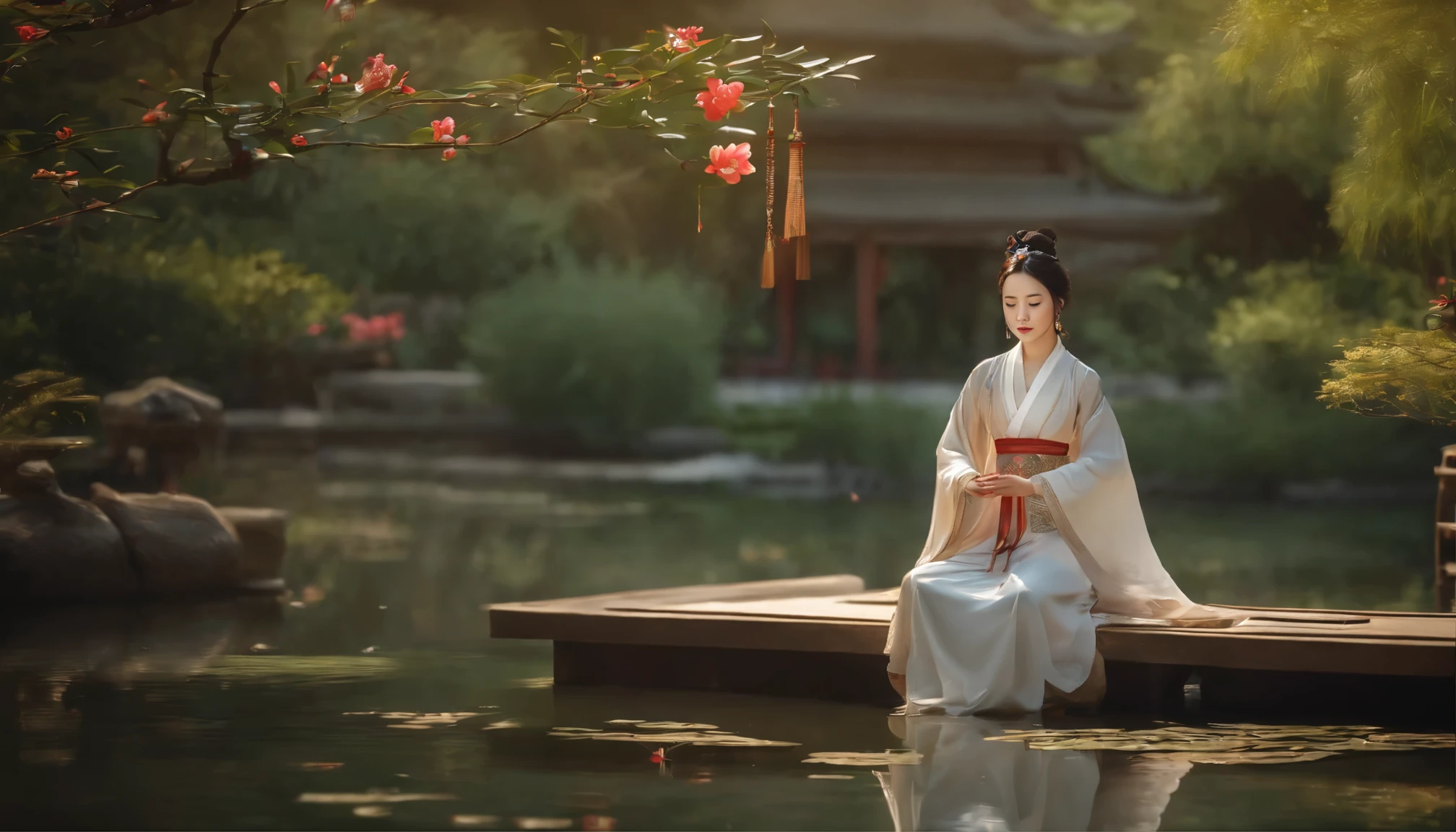 A Chinese girl,Meditate cross-legged, at centre,Ancient style, Spring Garden, En plein air, Hanfu, Nature, There is a pond in the middle of the courtyard, Begonia floating on a pond,Holding a bamboo flute, Intricate details, Best quality, Ray tracing, rendering, 8K, Masterpiece