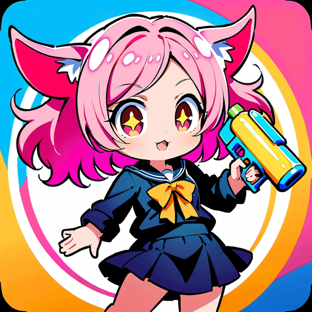 Cute anime girl inspired by Anya Forger, With cat ears, long pink hair, holding green water gun, Wearing a black miniskirt, strike a cute pose, detailed facial features, Bright Eyes, Set against a vibrant and colorful background, In high resolution、High contrast and vivid color rendering, Dynamic digital painting style, Achieve HD clarity, Reminiscent of comics.