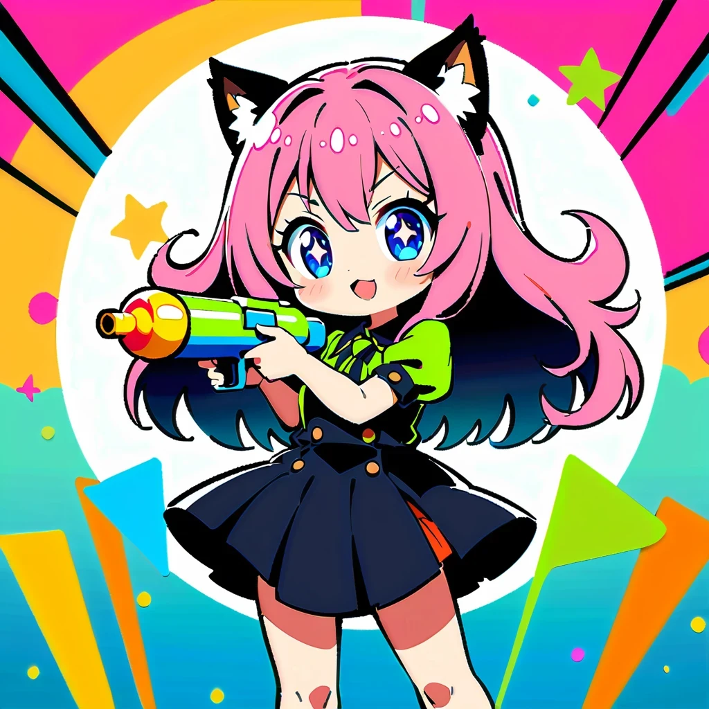 Cute anime girl inspired by Anya Forger, With cat ears, long pink hair, holding green water gun, Wearing a black miniskirt, strike a cute pose, detailed facial features, Bright Eyes, Set against a vibrant and colorful background, In high resolution、High contrast and vivid color rendering, Dynamic digital painting style, Achieve HD clarity, Reminiscent of comics.