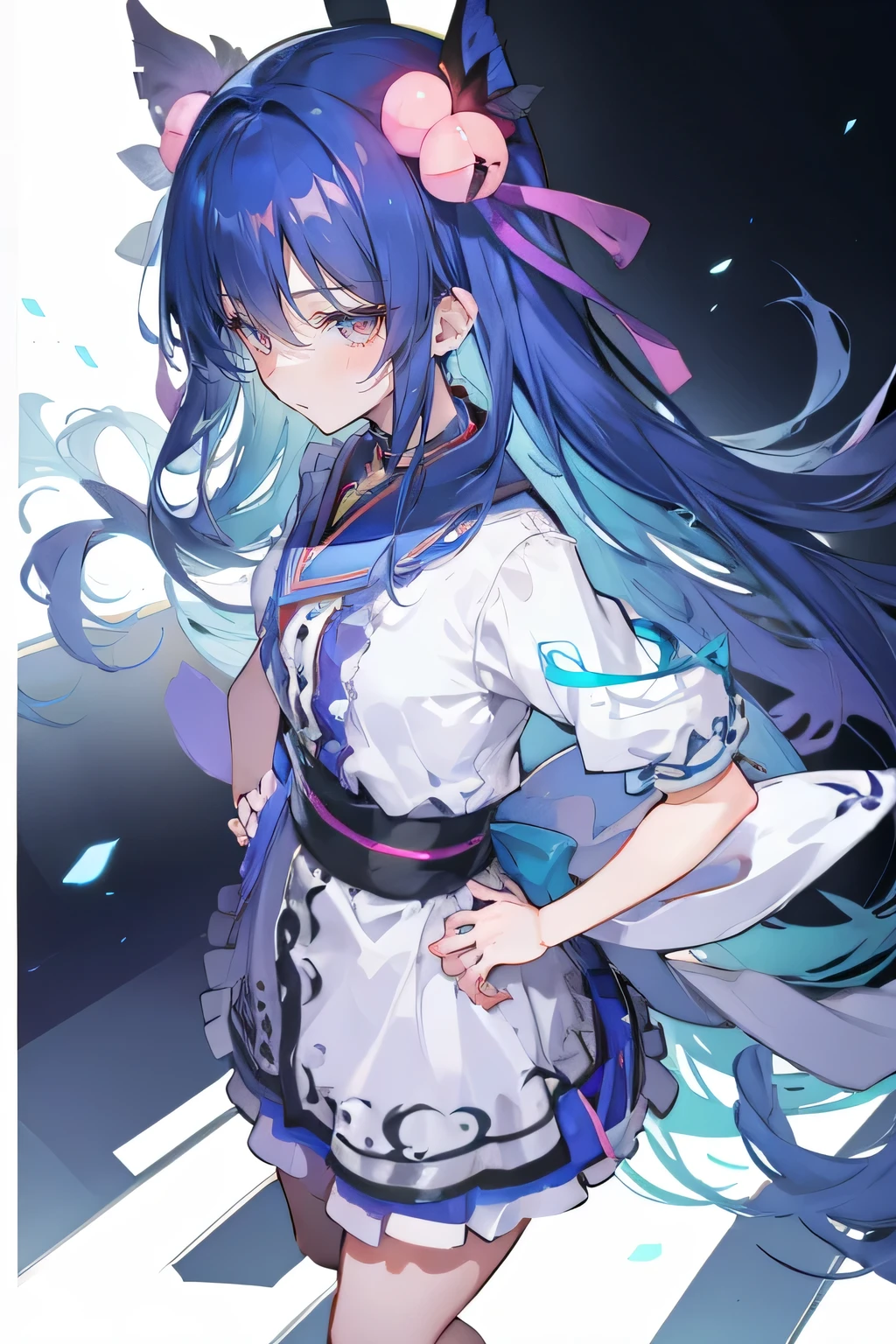 (masterpiece),best quality, expressive eyes, perfect face, 1girl,
Put your hands on your waist,Fair, Gorgeous,japanese manga,girl,Laura,young angel, blue hair, blue haired, floating clothes,grab your waist, grab your waist, hands on hips , hands on hips,sit, sit on ground, legs on the ground, flat chest