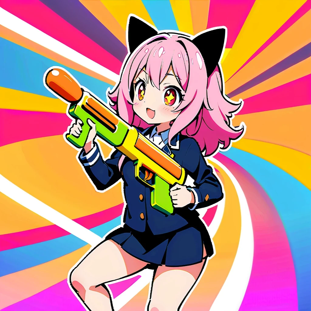Cute anime girl inspired by Anya Forger, With cat ears, long pink hair, holding green water gun, Wearing a black miniskirt, strike a cute pose, detailed facial features, Bright Eyes, Set against a vibrant and colorful background, In high resolution、High contrast and vivid color rendering, Dynamic digital painting style, Achieve HD clarity, Reminiscent of comics.
