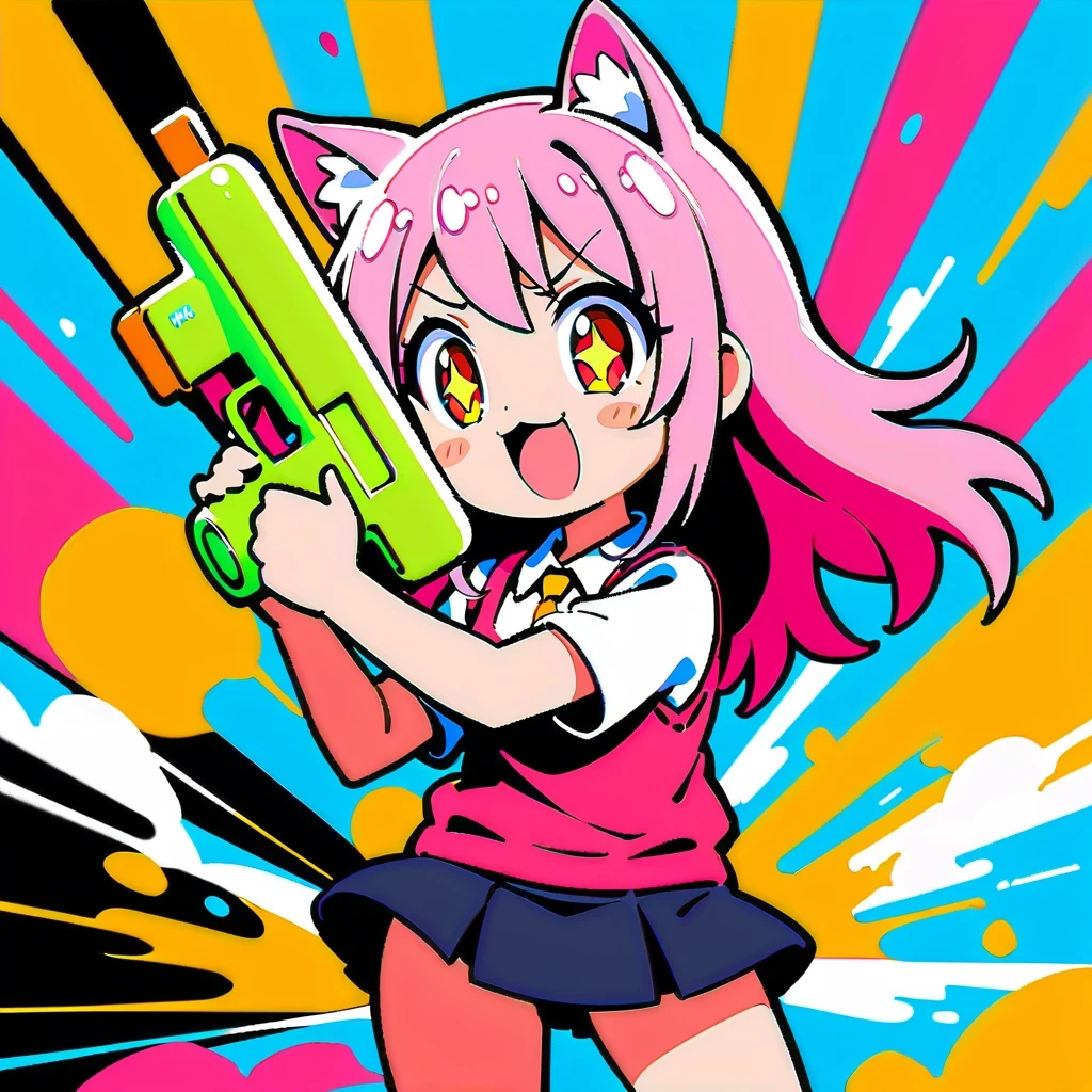 Cute anime girl inspired by Anya Forger, With cat ears, long pink hair, holding green water gun, Wearing a black miniskirt, strike a cute pose, detailed facial features, Bright Eyes, Set against a vibrant and colorful background, In high resolution、High contrast and vivid color rendering, Dynamic digital painting style, Achieve HD clarity, Reminiscent of comics.
