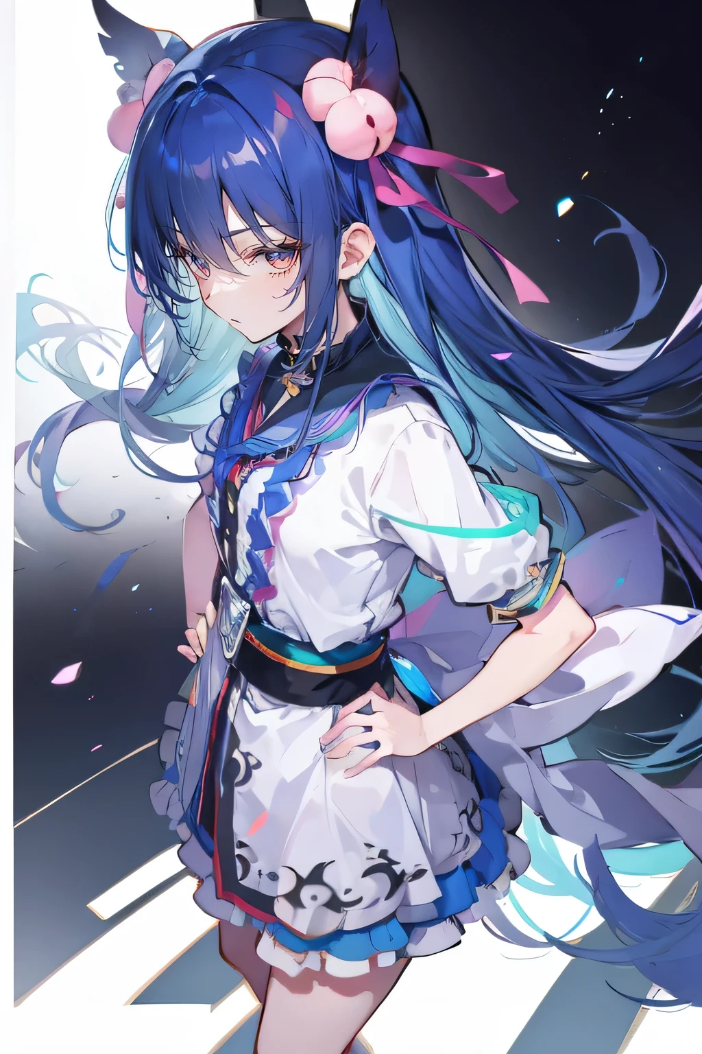 (masterpiece),best quality, expressive eyes, perfect face, 1girl,
Put your hands on your waist,Fair, Gorgeous,japanese manga,girl,Laura,young angel, blue hair, blue haired, floating clothes,grab your waist, grab your waist, hands on hips , hands on hips,sit, sit on ground, legs on the ground, flat chest