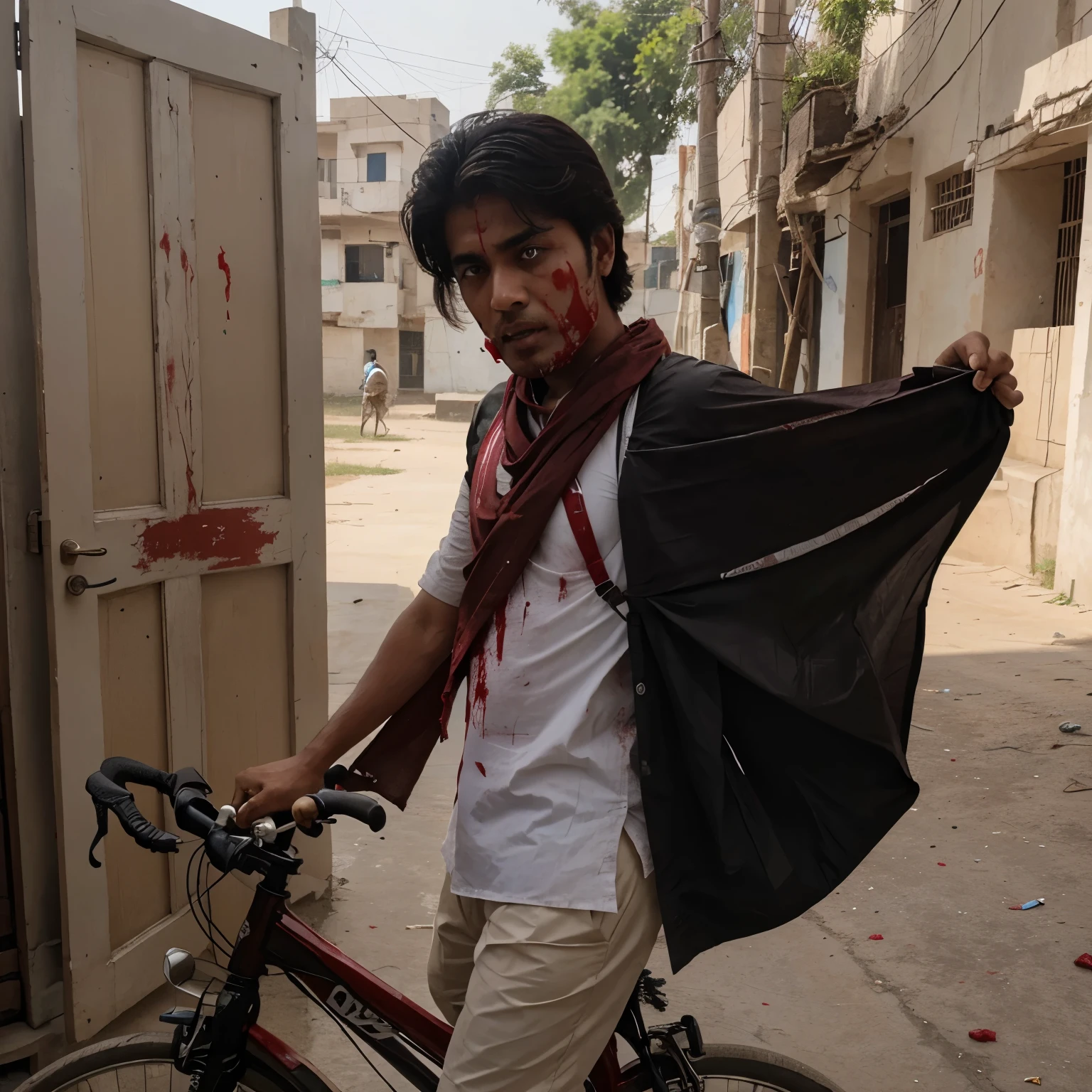 A Pakistani was riding bike and suddenly kite door cute his throat and his throat covered with blood of blood