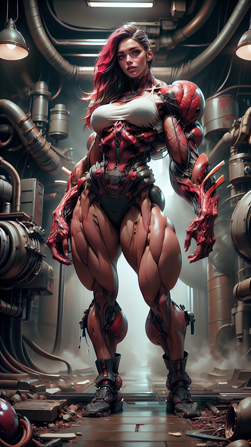 Cinematic, clear facial features and insanely detailed, the image captures the essence of (1 girl), (megan fox:1.25), (long red hair), (carnage skinless physique:1.25), (1 super muscular undead skinless succubus with gigantic horns:1.25), (covered in red necrotic rotting skinless muscle:1.25), (exposed muscles & veins everywhere:1.25), (perfect fingers:1.25) (full body pose:1.25). The color grading is beautifully done, enhancing the overall cinematic feel. Unreal Engine makes her appearance even more mesmerizing. With depth of field (DOF), every detail is focused and accentuated, drawing attention to her eyes and hair. Peak image resolution utilizing super-resolution technology ensures pixel perfection. Cinematic lighting enhances her aura, while anti-aliasing techniques like FXAA and TXAA keep the edges smooth and clean. Adding realism to the muscular bio-mecha succubus , RTX technology enables ray tracing. Additionally, SSAO (Screen Space Ambient Occlusion) gives depth and realism to the scene, the girl's presence even more convincing. In the post-processing and post-production stages, tone mapping enhances the colors, creating a captivating visual experience. The integration of CGI (Computer-Generated Imagery) and VFX (Visual Effects brings out her demonic features seamlessly . Icredible level of detail, with intricate elements meticulously crafted, the artwork hyper maximalist and hyper-realistic. Volumetric effects add depth and dimension, with unparalleled photorealism. 8k resolution rendering ensures super detailed visuals. The volumetric lighting adds a touch of magic, highlighting her beauty and aura in an otherworldly way. High Dynamic Range (HDR) tech makes the colors pop, adding richness to the overall composition. Ultimately, this artwork presents an unreal, yet stunningly real portrayal of an incredibly beautiful bio-mecha succubus girl. The sharp focus ensures that every feature is crisply defined, creating a captivating presence.