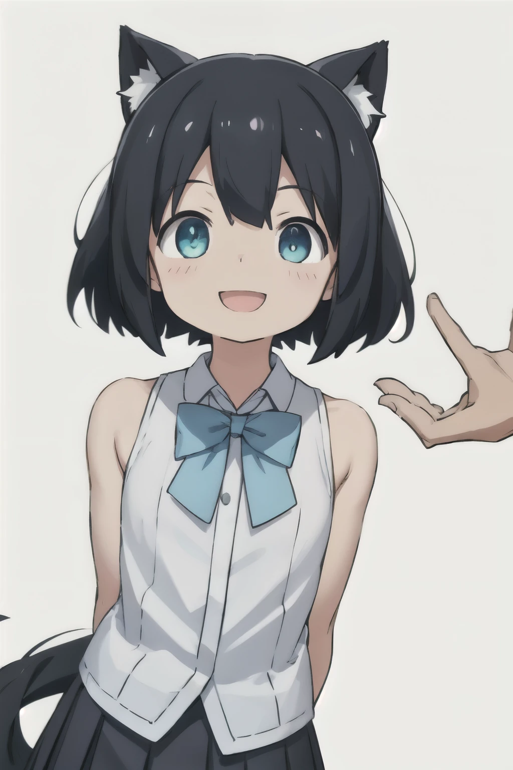 white background、Solid white background、blank background、show both arms、arms behind back、adult woman、hide your hands、Upper body photographed from the front,(high quality, Breathtaking),(delicate eyes, perfect face)solo,Era: late 20s, Heterochromia - left eye is yellow、The right eye is light blue.、open your mouth without showing your teeth、Smile with mouth wide open、open your mouth wide、fish shaped hairpin、medium shoulder length hair, black hair, White Blazer Clothing,black pleated skirt