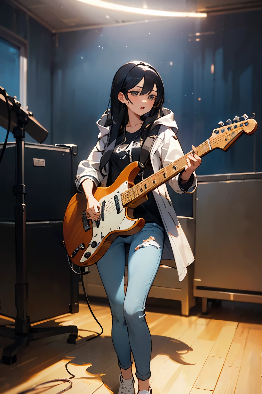 ((best quality)), ((masterpiece)), (detailed), perfect face, girl in a club room. She is wearing white shoes, half-length tight denim jeans, and a hooded coat. The girl, with long black hair, is standing and playing an electric guitar passionately while singing into a microphone. The room suggests a casual, creative space, possibly with posters or instruments in the background. The focus is on her expressive performance, capturing the movement of her hair, the texture of her clothes, and the emotion in her posture as if taken with an advanced Canon camera.