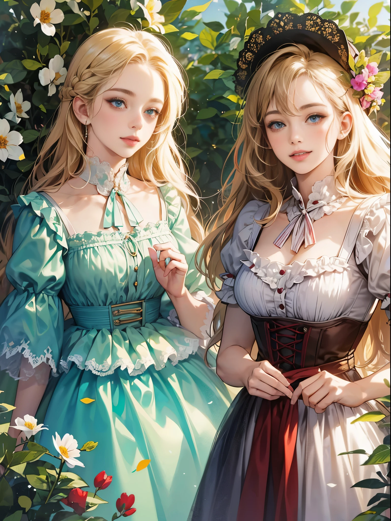 ((3 arafe most beautiful women)), from Bavaria, dressed in traditional dirndl, surrounded by vibrant flowers, with a majestic alpine background. (best quality,4k,8k,highres,masterpiece:1.2),ultra-detailed,(realistic,photorealistic,photo-realistic:1.37), ((full body pose)), vivid colors, soft natural lighting, subtle blush on cheeks, intricate embroidery on the dirndl, cheerful smile, flowing golden hair, crystal-clear blue eyes, delicate facial features, dreamlike atmosphere, peaceful and serene expression, sun-kissed skin, warm summer breeze, joyful and carefree ambiance.
