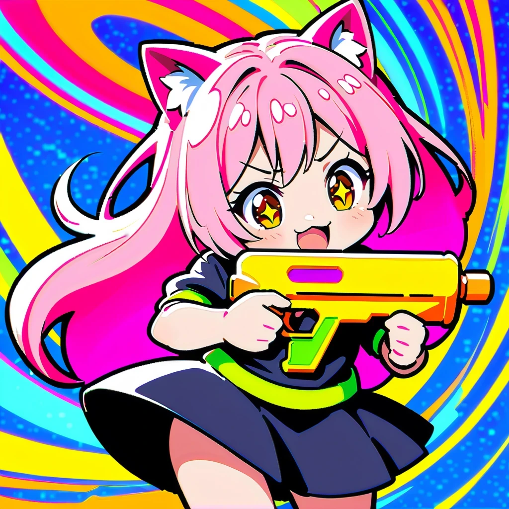 Cute anime girl inspired by Anya Forger, With cat ears, long pink hair, holding green water gun, Wearing a black miniskirt, strike a cute pose, detailed facial features, Bright Eyes, Set against a vibrant and colorful background, In high resolution、High contrast and vivid color rendering, Dynamic digital painting style, Achieve HD clarity, Reminiscent of comics.
