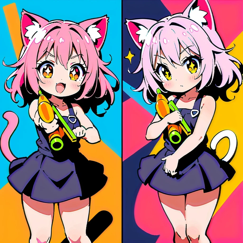 Cute anime girl inspired by Anya Forger, With cat ears, long pink hair, holding green water gun, Wearing a black miniskirt, strike a cute pose, detailed facial features, Bright Eyes, Set against a vibrant and colorful background, In high resolution、High contrast and vivid color rendering, Dynamic digital painting style, Achieve HD clarity, Reminiscent of comics.
