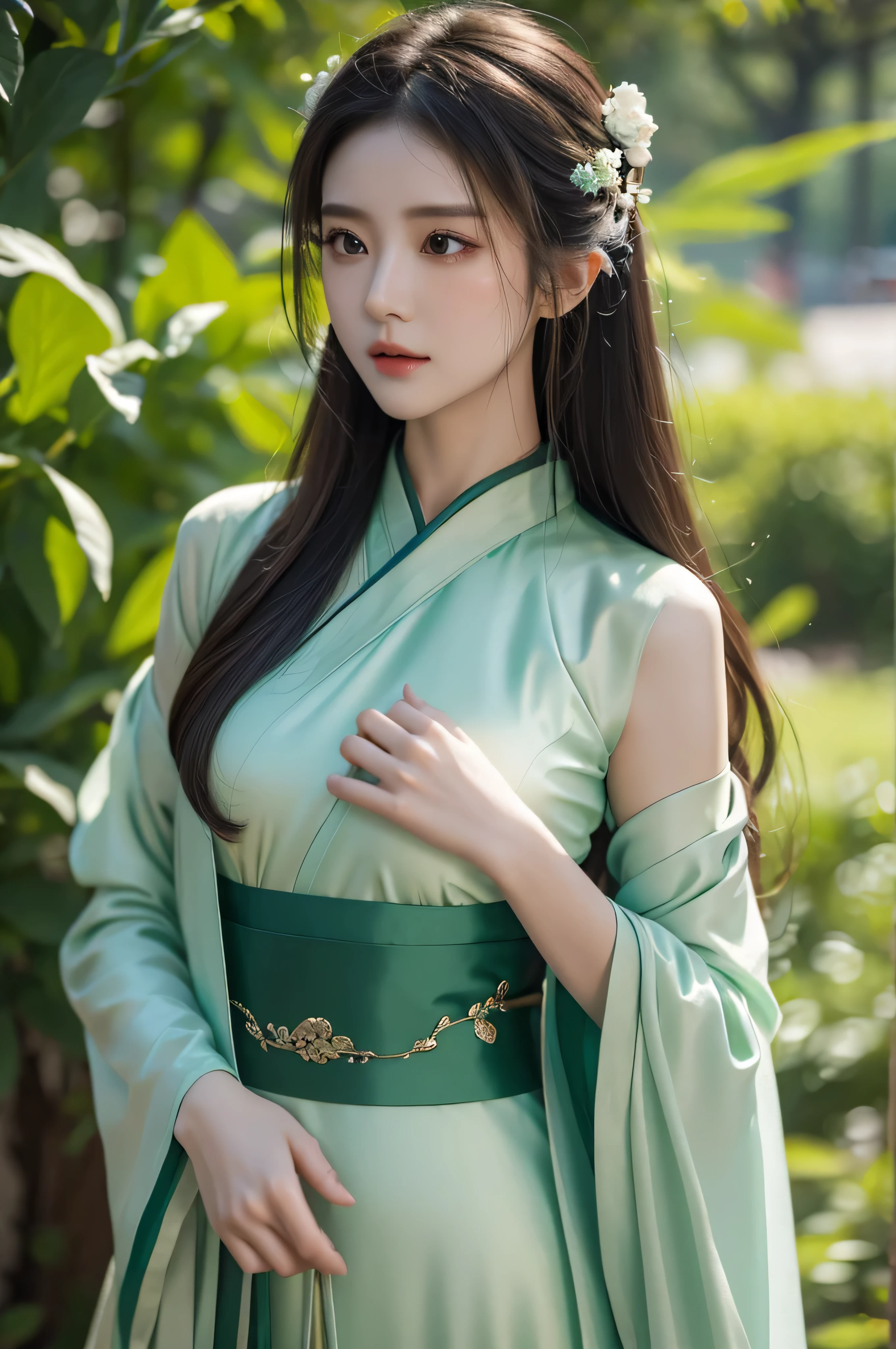 Fair, masterpiece, best quality, extremely detailed face,1 girl, alone，wrap your chest，Green silk tulle Hanfu，whole body