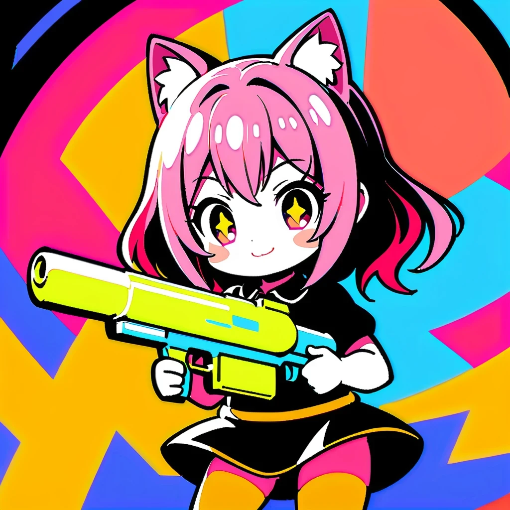 Cute anime girl inspired by Anya Forger, With cat ears, long pink hair, holding green water gun, Wearing a black miniskirt, strike a cute pose, detailed facial features, Bright Eyes, Set against a vibrant and colorful background, In high resolution、High contrast and vivid color rendering, Dynamic digital painting style, Achieve HD clarity, Reminiscent of comics.
