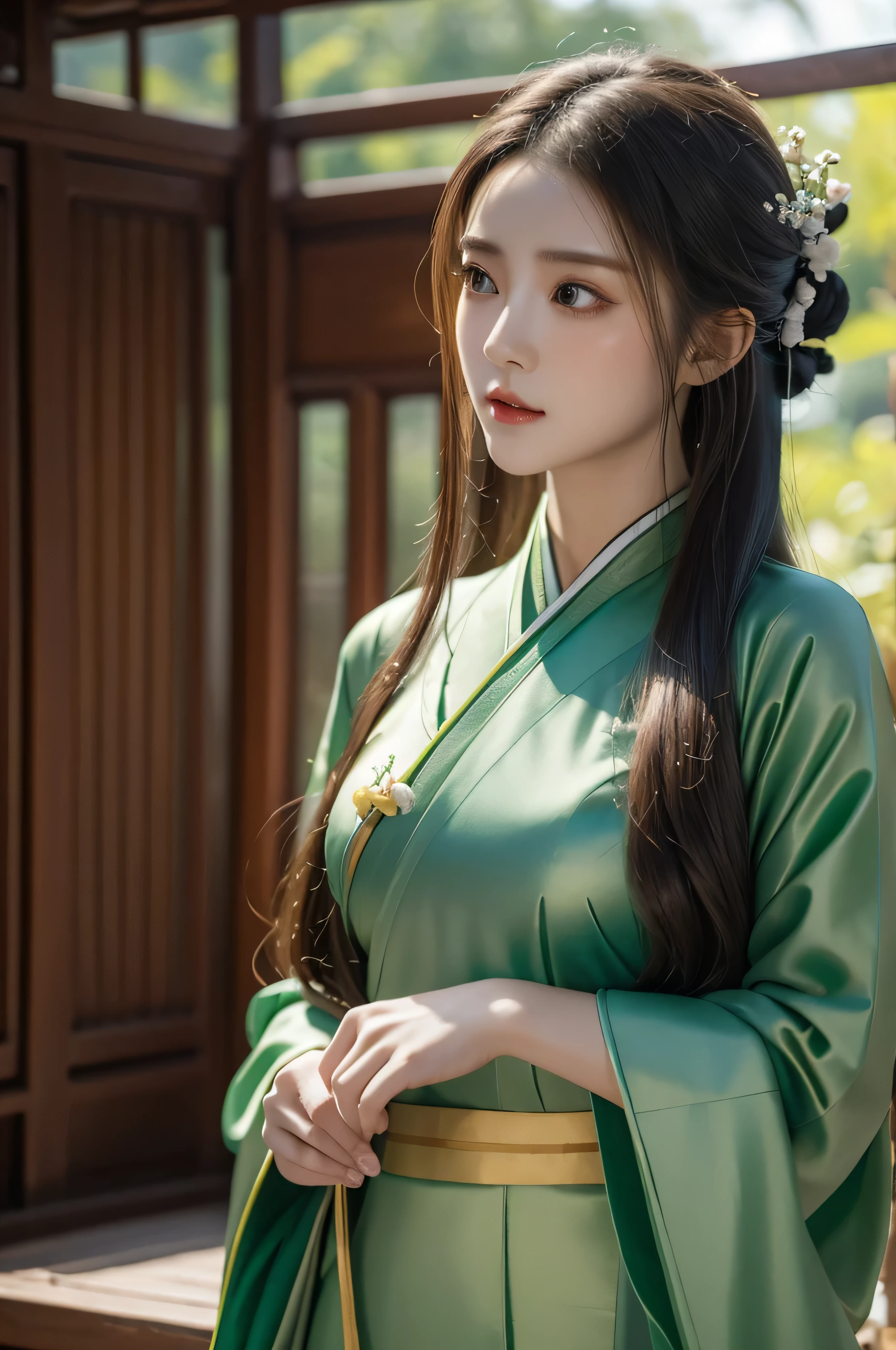 Fair, masterpiece, best quality, extremely detailed face,1 girl, alone，wrap your chest，Green silk tulle Hanfu，whole body