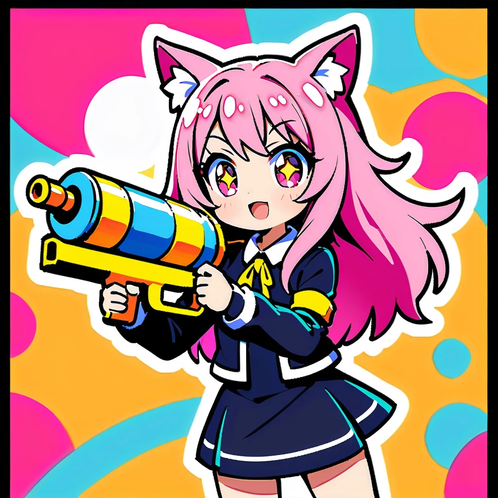 Cute anime girl inspired by Anya Forger, With cat ears, long pink hair, holding green water gun, Wearing a black miniskirt, strike a cute pose, detailed facial features, Bright Eyes, Set against a vibrant and colorful background, In high resolution、High contrast and vivid color rendering, Dynamic digital painting style, Achieve HD clarity, Reminiscent of comics.