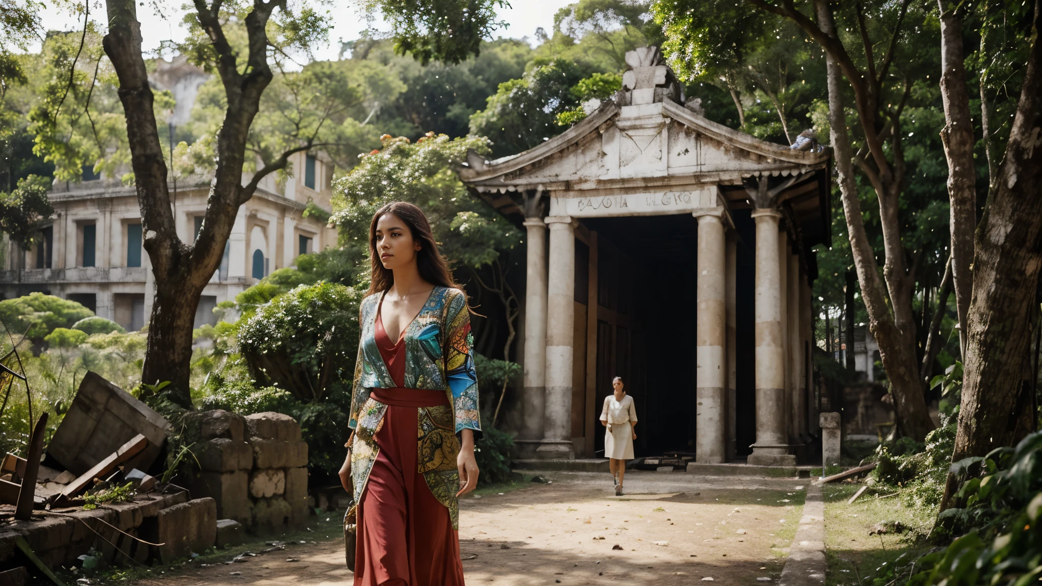Beautiful Brazilian woman walking through a forest emerging from a destroyed city. Flores Rojas. The Brazilian woman wears clothes from Jean Pau Gaultier and Dyor and Zara. Exotic robot birds flew in the flight. In the background there is a Japanese temple next to the pantheon of Rome.