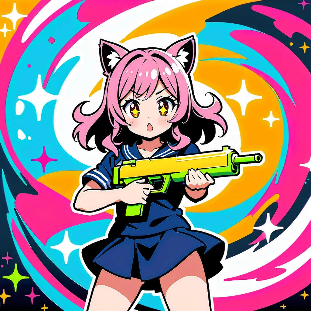 Cute anime girl inspired by Anya Forger, With cat ears, long pink hair, holding green water gun, Wearing a black miniskirt, strike a cute pose, detailed facial features, Bright Eyes, Set against a vibrant and colorful background, In high resolution、High contrast and vivid color rendering, Dynamic digital painting style, Achieve HD clarity, Reminiscent of comics.
