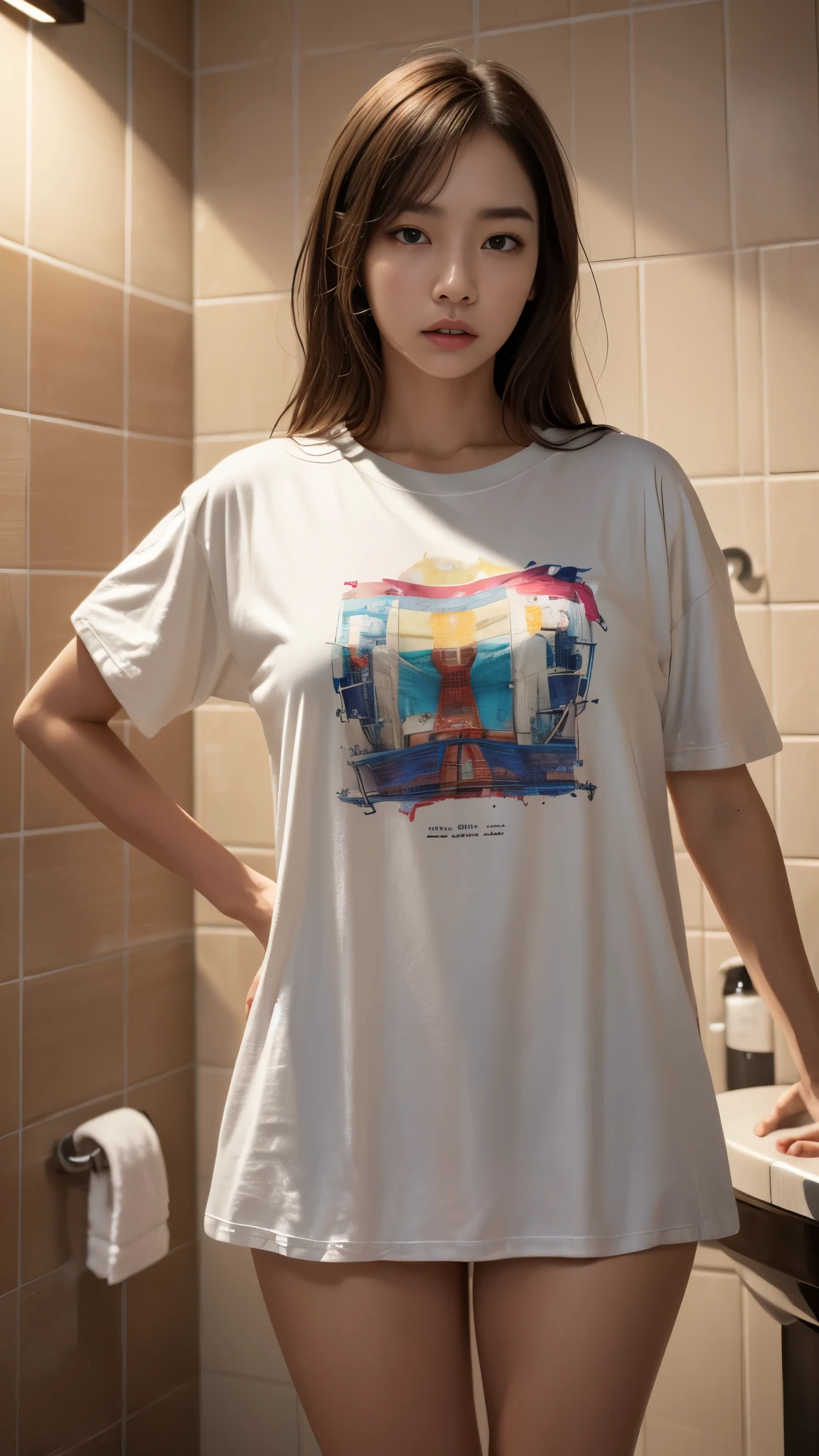 messy hair, clenching your teeth, annoyed, shy, hold your mouth, tear, surrealism, UHD, accurate, anatomically correct, textured skin, super detail, high details, best quality, 8 thousand, HD, (in the bathroom), (holding in urine), (치마를 붙잡고 holding in urine), background of bathroom, D-cup breasts, Her view from below, (extra large long t-shirt:1.3),