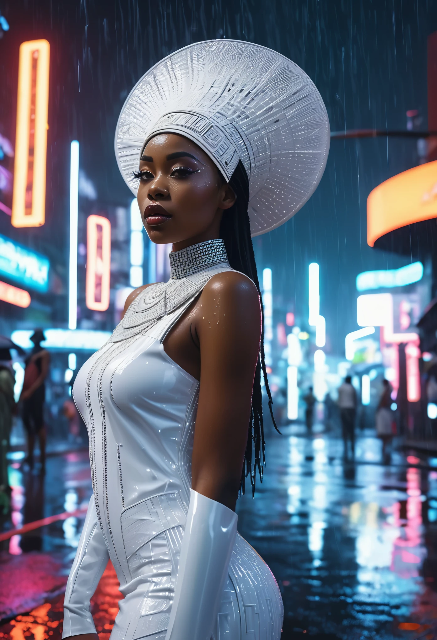 Black woman dressed in an African designed all white dress with a white hat over her head, standing in the middle of the cyber punk city, night time with neon city lights shining a medium light in the scene, rain drizzling, wet road surface with reflections of the black woman and city infrastructure, a beautiful sci-fi Afro futuristic cinematic scene that captures the essence of imagination and wonder, highly detailed and ultra HD images shot on 70mm IMAX cameras.