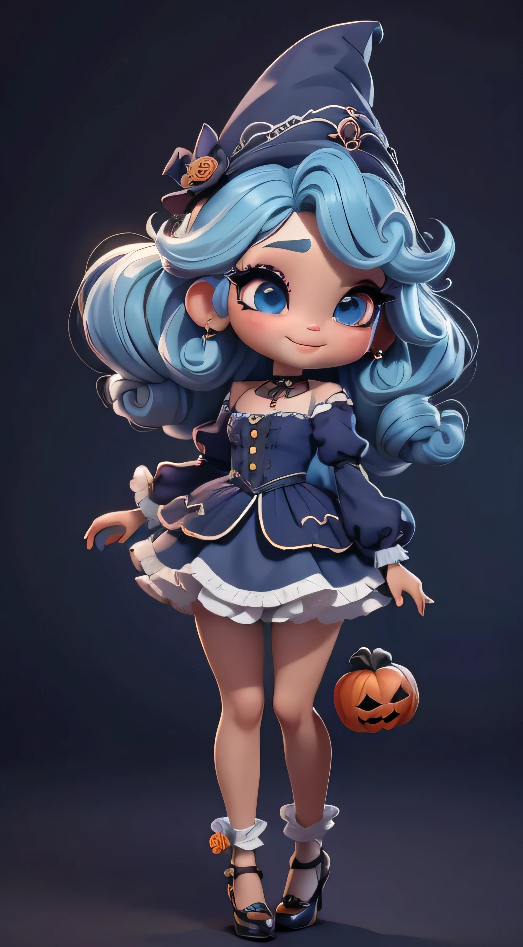 Create a series of cute chibi afro dread style dolls with a cute halloween theme, each with lots of detail and in 8K resolution. All puppets must follow the same solid background pattern and be complete in the image, mostrando o (corpo inteiro, incluindo as pernas: 1.5)

Boneca Mini halloween: Chame-a de Marina. Ela deve ter cabelos pequenos em preto e azul pastel. Seus olhos devem ser grandes e expressivos, with long eyelashes and rosy cheeks. Sorriso delicado e branco. Marina deve estar vestida de vestido, an ornate hat. She should bring Halloween accessories. Certifique-se de adicionar detalhes nas roupas, like buttons and pockets, sapato bonito

Certifique-se de adicionar sombras, texturas e detalhes nos cabelos, roupas, Utensílios de Halloween, to make them even more adorable and charming.