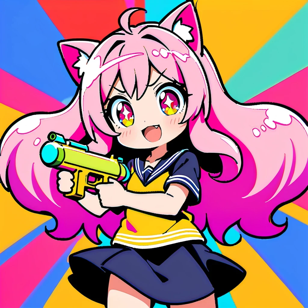 Cute anime girl inspired by Anya Forger, With cat ears, long pink hair, holding green water gun, Wearing a black miniskirt, strike a cute pose, detailed facial features, Bright Eyes, Set against a vibrant and colorful background, In high resolution、High contrast and vivid color rendering, Dynamic digital painting style, Achieve HD clarity, Reminiscent of comics.
