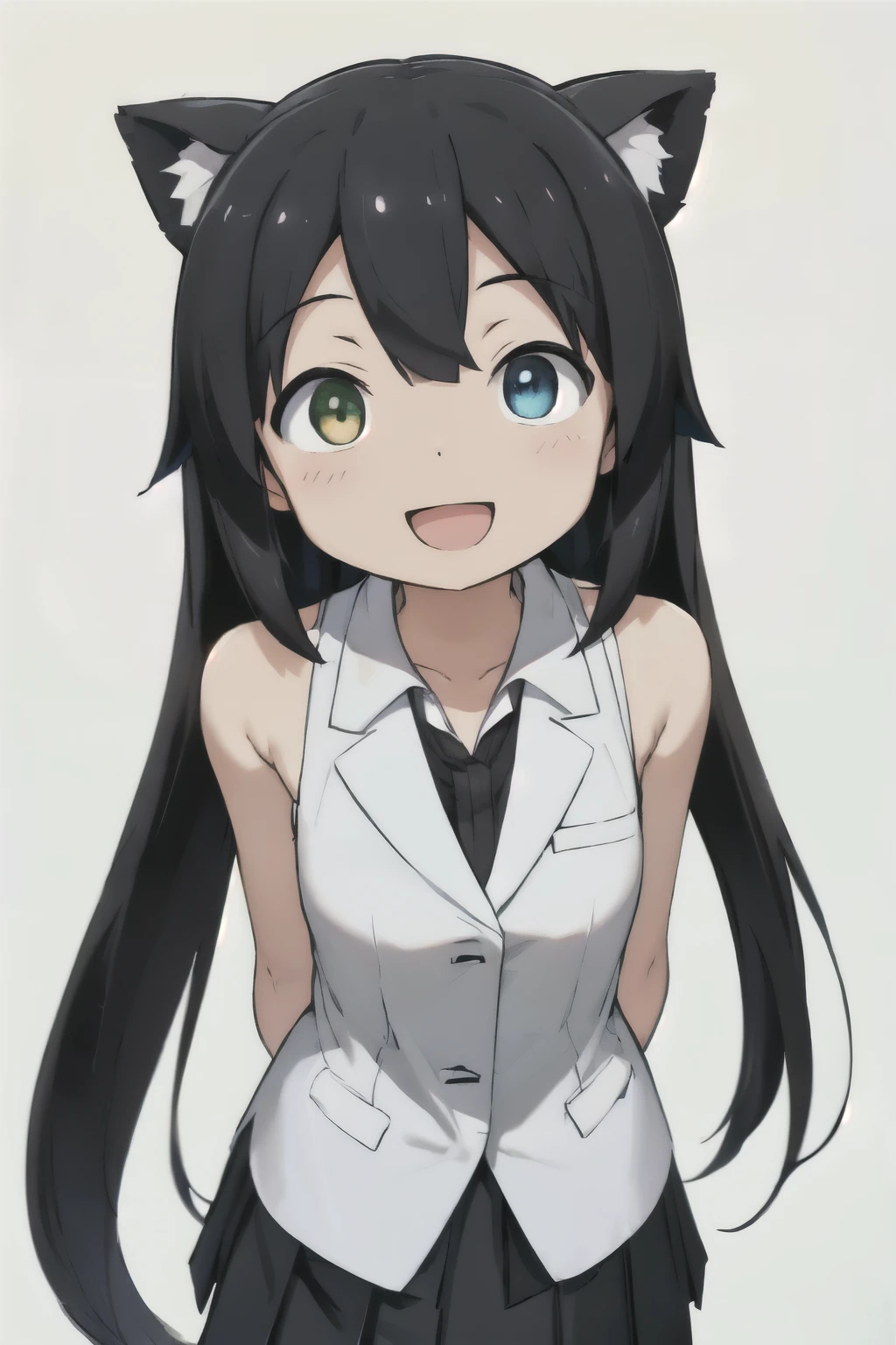 white background、Solid white background、blank background、show both arms、arms behind back、adult woman、hide your hands、Upper body photographed from the front,(high quality, Breathtaking),(delicate eyes, perfect face)solo,Era: late 20s, Heterochromia - left eye is yellow、The right eye is light blue.、open your mouth without showing your teeth、Smile with mouth wide open、open your mouth wide、fish shaped hairpin、medium shoulder length hair, black hair, White Blazer Clothing,black pleated skirt