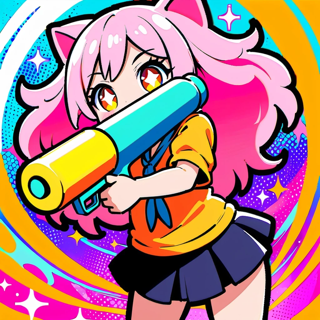 Cute anime girl inspired by Anya Forger, With cat ears, long pink hair, holding green water gun, Wearing a black miniskirt, strike a cute pose, detailed facial features, Bright Eyes, Set against a vibrant and colorful background, In high resolution、High contrast and vivid color rendering, Dynamic digital painting style, Achieve HD clarity, Reminiscent of comics.
