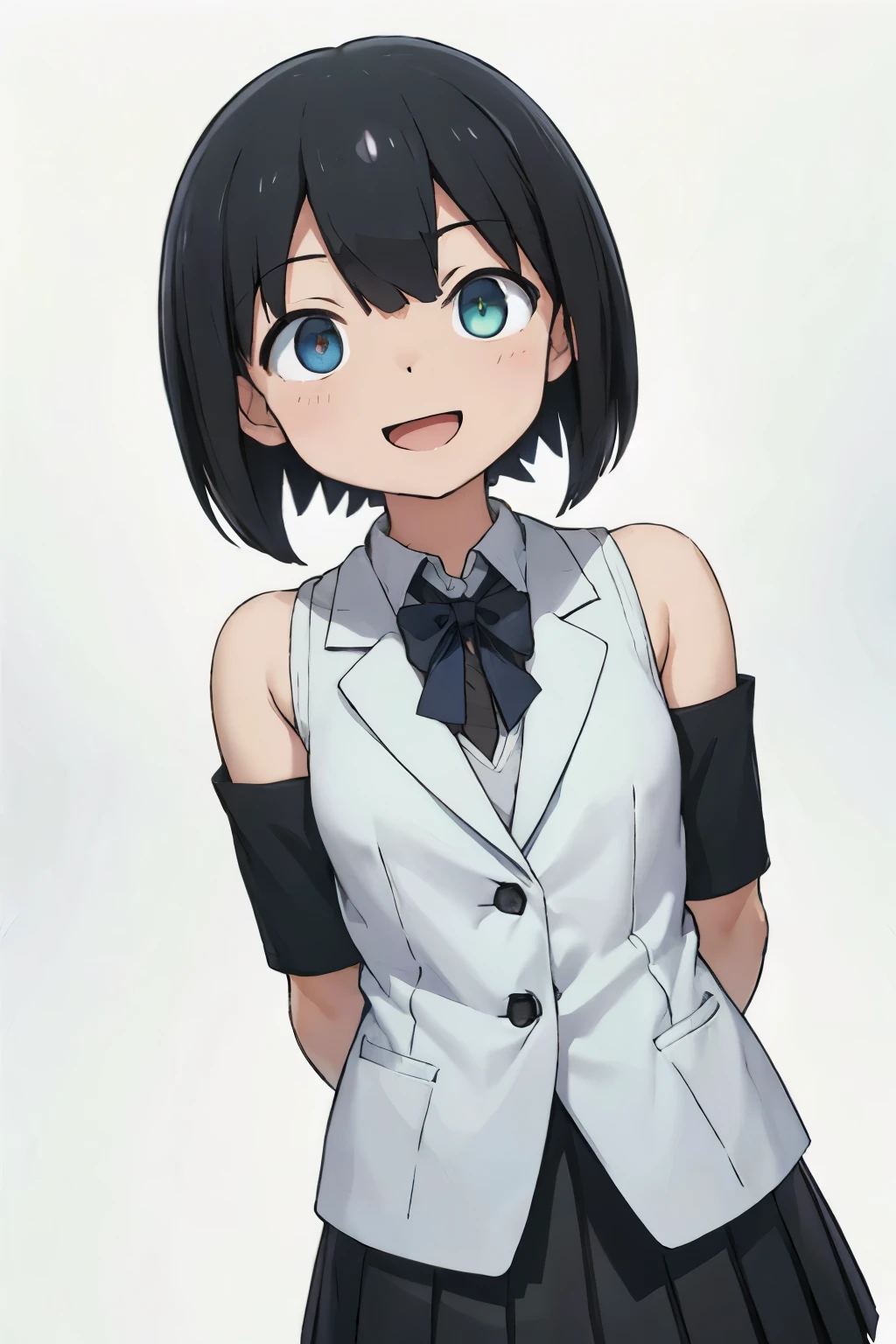 white background、Solid white background、blank background、show both arms、arms behind back、adult woman、hide your hands、Upper body photographed from the front,(high quality, Breathtaking),(delicate eyes, perfect face)solo,Era: late 20s, Heterochromia - left eye is yellow、The right eye is light blue.、open your mouth without showing your teeth、Smile with mouth wide open、open your mouth wide、medium shoulder length hair, black hair, White Blazer Clothing,black pleated skirt