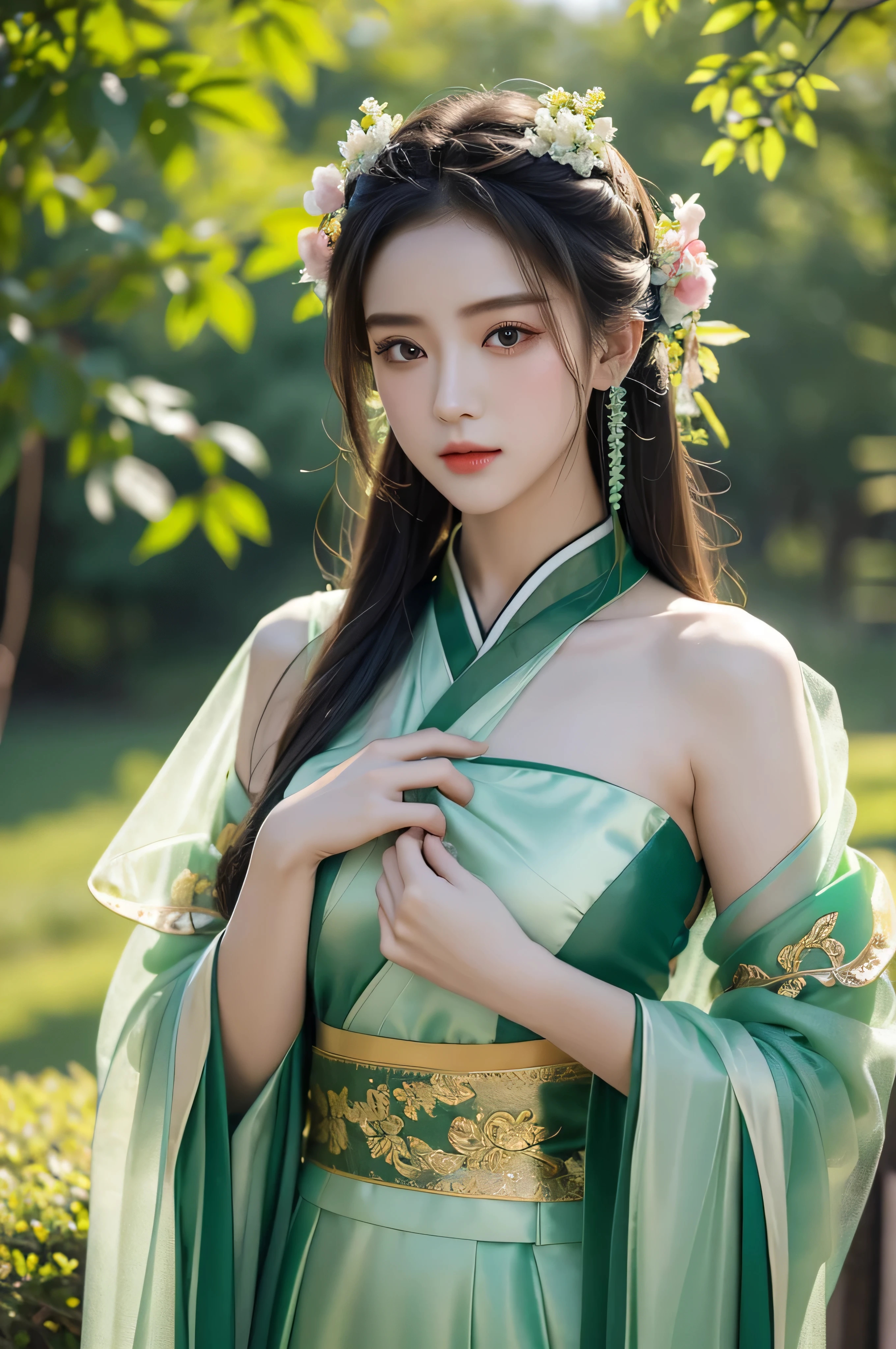 Fair, masterpiece, best quality, extremely detailed face,1 girl, alone，wrap your chest，Green silk tulle Hanfu，whole body