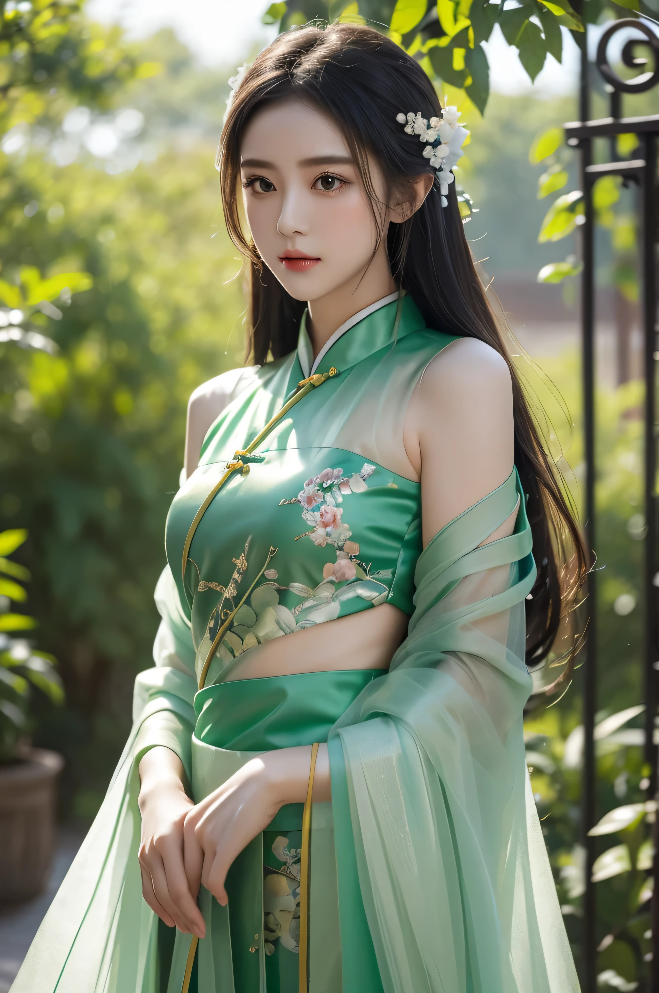 Fair, masterpiece, best quality, extremely detailed face,1 girl, alone，wrap your chest，Green silk tulle Hanfu，whole body