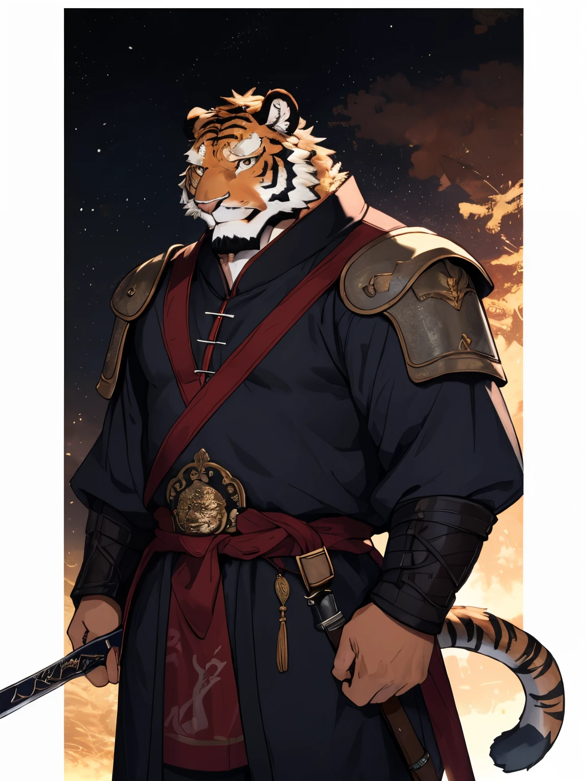 tiger orc,strong,White clothes,Ming Dynasty,general,Armour,Carrying a sword on his back