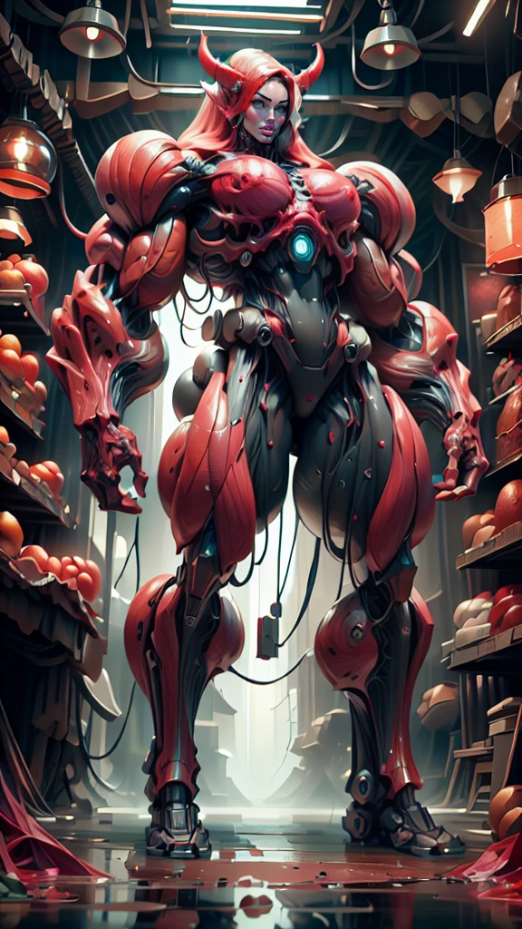 Cinematic, clear facial features and insanely detailed, the image captures the essence of (1 girl), (megan fox:1.25), (long red hair), (carnage skinless physique:1.25), (1 super muscular undead skinless succubus with gigantic horns:1.25), (covered in red necrotic rotting skinless muscle:1.25), (exposed muscles & veins everywhere:1.25), (perfect fingers:1.25) (full body pose:1.25). The color grading is beautifully done, enhancing the overall cinematic feel. Unreal Engine makes her appearance even more mesmerizing. With depth of field (DOF), every detail is focused and accentuated, drawing attention to her eyes and hair. Peak image resolution utilizing super-resolution technology ensures pixel perfection. Cinematic lighting enhances her aura, while anti-aliasing techniques like FXAA and TXAA keep the edges smooth and clean. Adding realism to the muscular bio-mecha succubus , RTX technology enables ray tracing. Additionally, SSAO (Screen Space Ambient Occlusion) gives depth and realism to the scene, the girl's presence even more convincing. In the post-processing and post-production stages, tone mapping enhances the colors, creating a captivating visual experience. The integration of CGI (Computer-Generated Imagery) and VFX (Visual Effects brings out her demonic features seamlessly . Incredible level of detail, with intricate elements meticulously crafted, the artwork hyper maximalist and hyper-realistic. Volumetric effects add depth and dimension, with unparalleled photorealism. 8k resolution rendering ensures super detailed visuals. The volumetric lighting adds a touch of magic, highlighting her beauty and aura in an otherworldly way. High Dynamic Range (HDR) tech makes the colors pop, adding richness to the overall composition. Ultimately, this artwork presents an unreal, yet stunningly real portrayal of an incredibly beautiful bio-mecha succubus girl. The sharp focus ensures that every feature is crisply defined, creating a captivating presence.