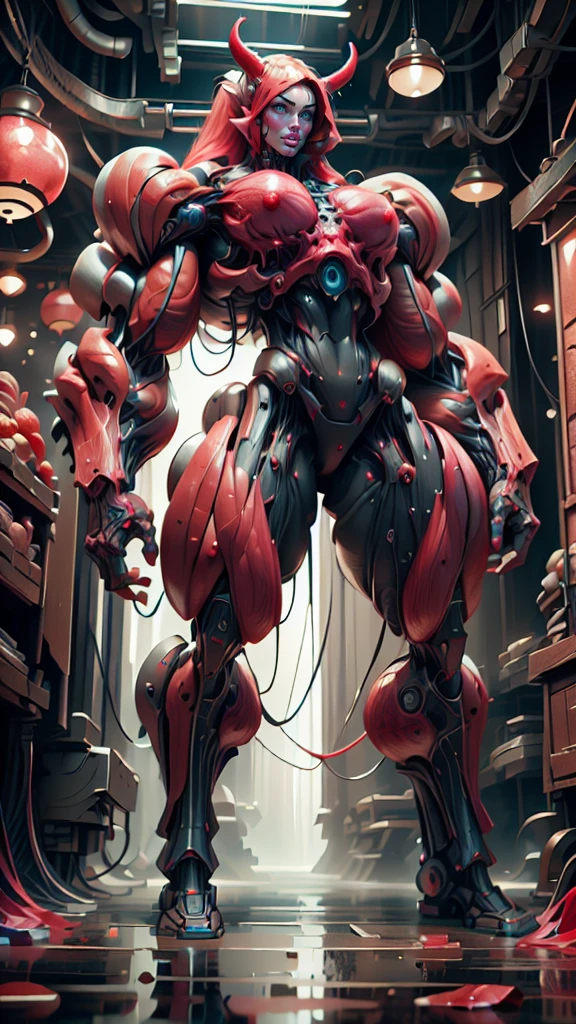 Cinematic, clear facial features and insanely detailed, the image captures the essence of (1 girl), (megan fox:1.25), (long red hair), (carnage skinless physique:1.25), (1 super muscular undead skinless succubus with gigantic horns:1.25), (covered in red necrotic rotting skinless muscle:1.25), (exposed muscles & veins everywhere:1.25), (perfect fingers:1.25) (full body pose:1.25). The color grading is beautifully done, enhancing the overall cinematic feel. Unreal Engine makes her appearance even more mesmerizing. With depth of field (DOF), every detail is focused and accentuated, drawing attention to her eyes and hair. Peak image resolution utilizing super-resolution technology ensures pixel perfection. Cinematic lighting enhances her aura, while anti-aliasing techniques like FXAA and TXAA keep the edges smooth and clean. Adding realism to the muscular bio-mecha succubus , RTX technology enables ray tracing. Additionally, SSAO (Screen Space Ambient Occlusion) gives depth and realism to the scene, the girl's presence even more convincing. In the post-processing and post-production stages, tone mapping enhances the colors, creating a captivating visual experience. The integration of CGI (Computer-Generated Imagery) and VFX (Visual Effects brings out her demonic features seamlessly . Incredible level of detail, with intricate elements meticulously crafted, the artwork hyper maximalist and hyper-realistic. Volumetric effects add depth and dimension, with unparalleled photorealism. 8k resolution rendering ensures super detailed visuals. The volumetric lighting adds a touch of magic, highlighting her beauty and aura in an otherworldly way. High Dynamic Range (HDR) tech makes the colors pop, adding richness to the overall composition. Ultimately, this artwork presents an unreal, yet stunningly real portrayal of an incredibly beautiful bio-mecha succubus girl. The sharp focus ensures that every feature is crisply defined, creating a captivating presence.