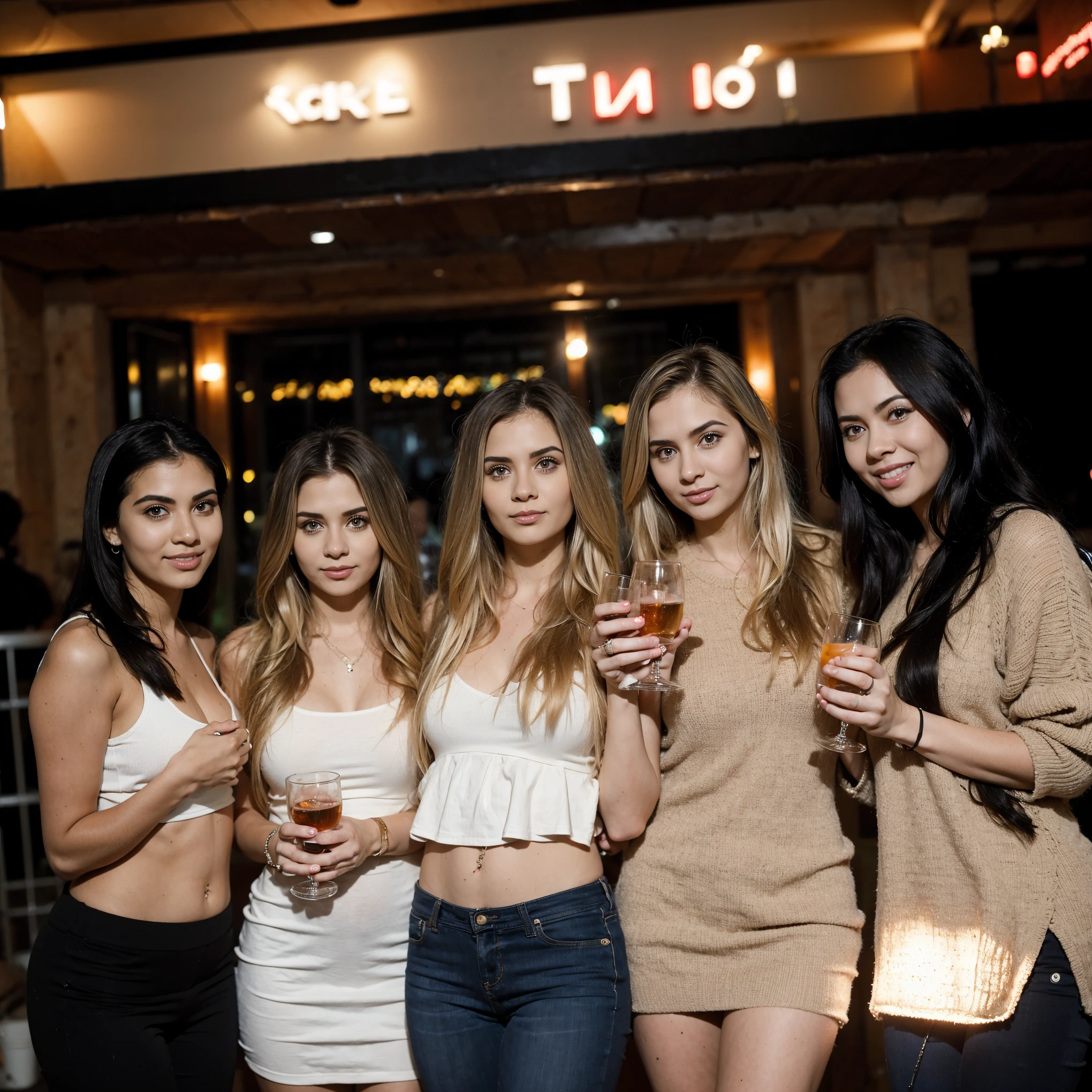 a group of very beautiful women at the night party, wearing casual clothes, standing, drinking liquor and having a good time,