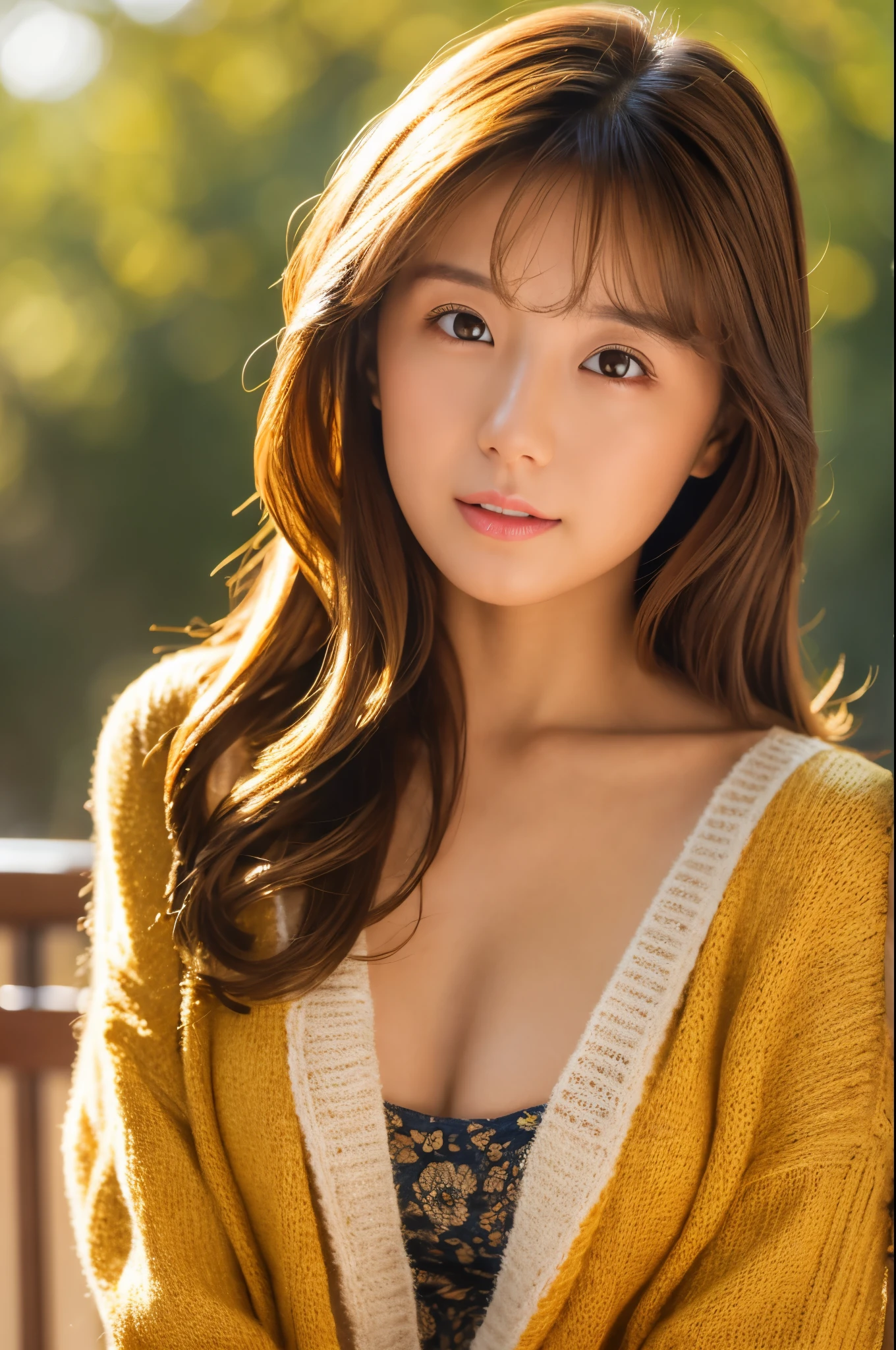 8k, highest quality, masterpiece, realistic, Photoreal, super detailed, Natural light, very detailed face and skin, detailed eye, very detailed face and skinの中間ショット, beautiful woman looking at camera, sexy pose, beautiful face, realistic face, detailed face, beautiful hairstyle, realistic eyes, fine eyes, realistic skin, fine skin, beautiful skin, Charm, Super realistic, sexy yellow cardigan, kind, brown hair, cute japanese girl, whole body