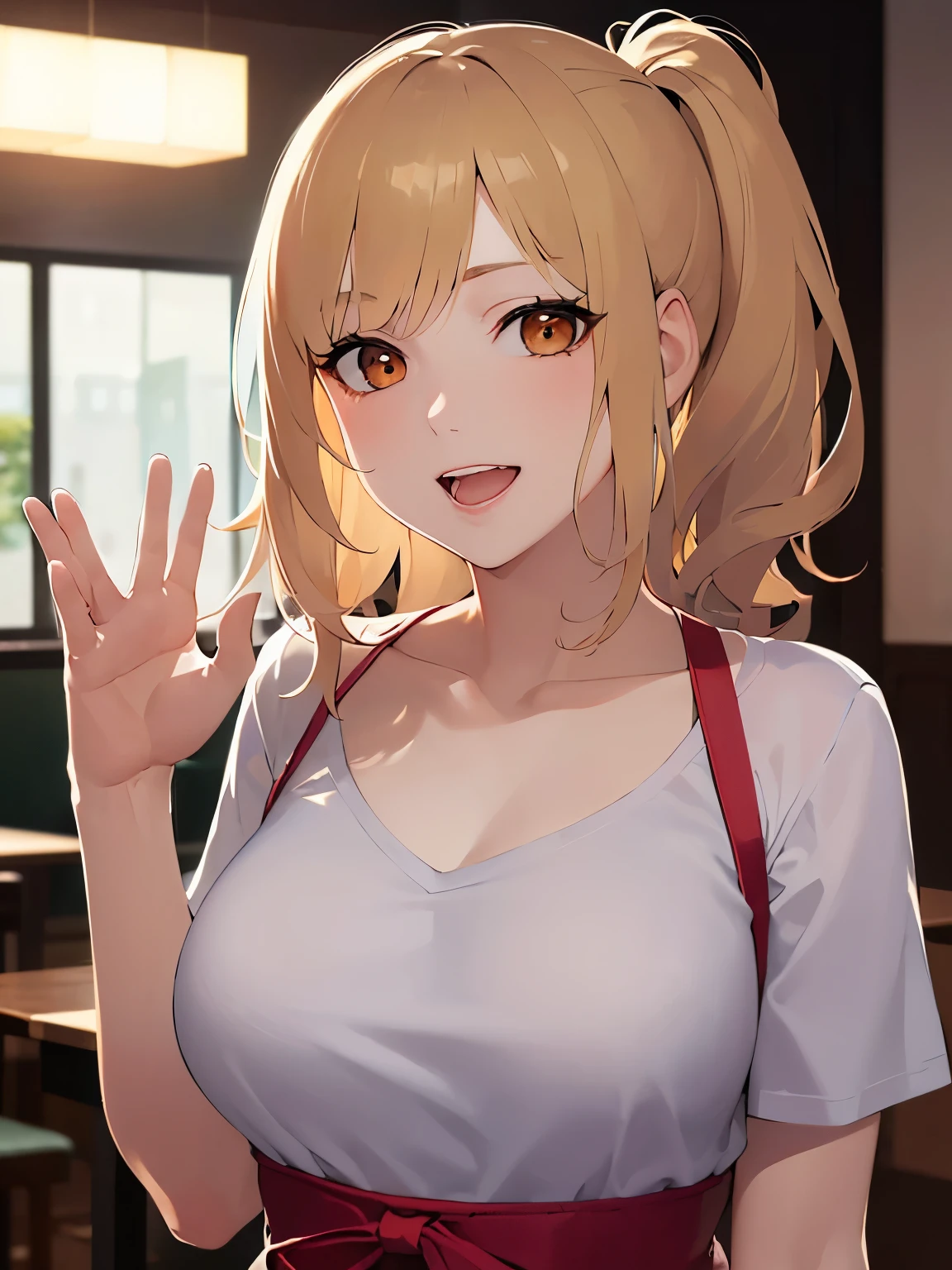 waving hand, night, dark, Upper Body, Realistic, real person, (pale skin: 1.2), RAW photo, photorealistic, portrait photography, shiny skin, japanese idol、shiny hair、(25 year old woman with medium hair with blonde bangs) and and (pony tail) and (wavy hair) and (orange eyes) , smile, open mouth, Wearing a plain white T-shirt、red apron、The background is the interior of the restaurant.、Alone、Are standing