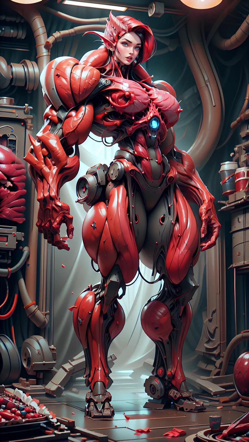 Cinematic, clear facial features and insanely detailed, the image captures the essence of (1 girl), (megan fox:1.25), (long red hair), (carnage skinless physique:1.25), (1 super muscular undead skinless succubus with gigantic horns:1.25), (covered in red necrotic rotting skinless muscle:1.25), (exposed muscles & veins everywhere:1.25), (perfect fingers:1.25) (full body pose:1.25). The color grading is beautifully done, enhancing the overall cinematic feel. Unreal Engine makes her appearance even more mesmerizing. With depth of field (DOF), every detail is focused and accentuated, drawing attention to her eyes and hair. Peak image resolution utilizing super-resolution technology ensures pixel perfection. Cinematic lighting enhances her aura, while anti-aliasing techniques like FXAA and TXAA keep the edges smooth and clean. Adding realism to the muscular bio-mecha succubus , RTX technology enables ray tracing. Additionally, SSAO (Screen Space Ambient Occlusion) gives depth and realism to the scene, the girl's presence even more convincing. In the post-processing and post-production stages, tone mapping enhances the colors, creating a captivating visual experience. The integration of CGI (Computer-Generated Imagery) and VFX (Visual Effects brings out her demonic features seamlessly . Icredible level of detail, with intricate elements meticulously crafted, the artwork hyper maximalist and hyper-realistic. Volumetric effects add depth and dimension, with unparalleled photorealism. 8k resolution rendering ensures super detailed visuals. The volumetric lighting adds a touch of magic, highlighting her beauty and aura in an otherworldly way. High Dynamic Range (HDR) tech makes the colors pop, adding richness to the overall composition. Ultimately, this artwork presents an unreal, yet stunningly real portrayal of an incredibly beautiful bio-mecha succubus girl. The sharp focus ensures that every feature is crisply defined, creating a captivating presence.