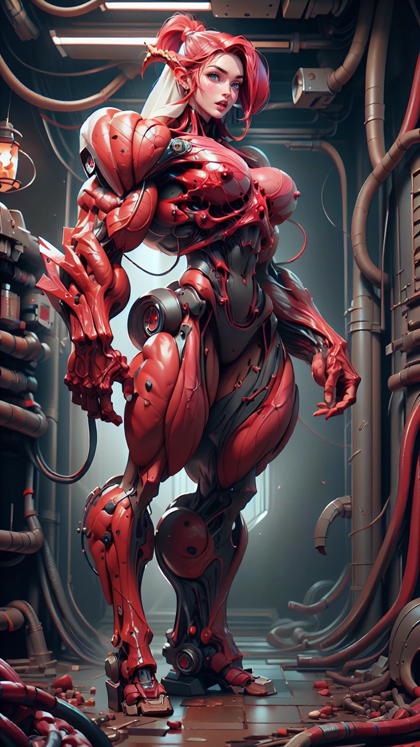 Cinematic, clear facial features and insanely detailed, the image captures the essence of (1 girl), (megan fox:1.25), (long red hair), (carnage skinless physique:1.25), (1 super muscular undead skinless succubus with gigantic horns:1.25), (covered in red necrotic rotting skinless muscle:1.25), (exposed muscles & veins everywhere:1.25), (perfect fingers:1.25) (full body pose:1.25). The color grading is beautifully done, enhancing the overall cinematic feel. Unreal Engine makes her appearance even more mesmerizing. With depth of field (DOF), every detail is focused and accentuated, drawing attention to her eyes and hair. Peak image resolution utilizing super-resolution technology ensures pixel perfection. Cinematic lighting enhances her aura, while anti-aliasing techniques like FXAA and TXAA keep the edges smooth and clean. Adding realism to the muscular bio-mecha succubus , RTX technology enables ray tracing. Additionally, SSAO (Screen Space Ambient Occlusion) gives depth and realism to the scene, the girl's presence even more convincing. In the post-processing and post-production stages, tone mapping enhances the colors, creating a captivating visual experience. The integration of CGI (Computer-Generated Imagery) and VFX (Visual Effects brings out her demonic features seamlessly . Icredible level of detail, with intricate elements meticulously crafted, the artwork hyper maximalist and hyper-realistic. Volumetric effects add depth and dimension, with unparalleled photorealism. 8k resolution rendering ensures super detailed visuals. The volumetric lighting adds a touch of magic, highlighting her beauty and aura in an otherworldly way. High Dynamic Range (HDR) tech makes the colors pop, adding richness to the overall composition. Ultimately, this artwork presents an unreal, yet stunningly real portrayal of an incredibly beautiful bio-mecha succubus girl. The sharp focus ensures that every feature is crisply defined, creating a captivating presence.